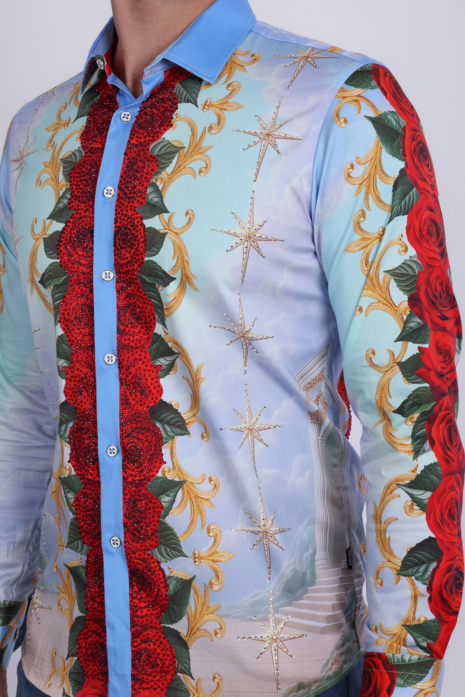 Barabas Men's San Judas Tadeo Rhinestones Floral Baroque Shirt 5SPR11 Blue