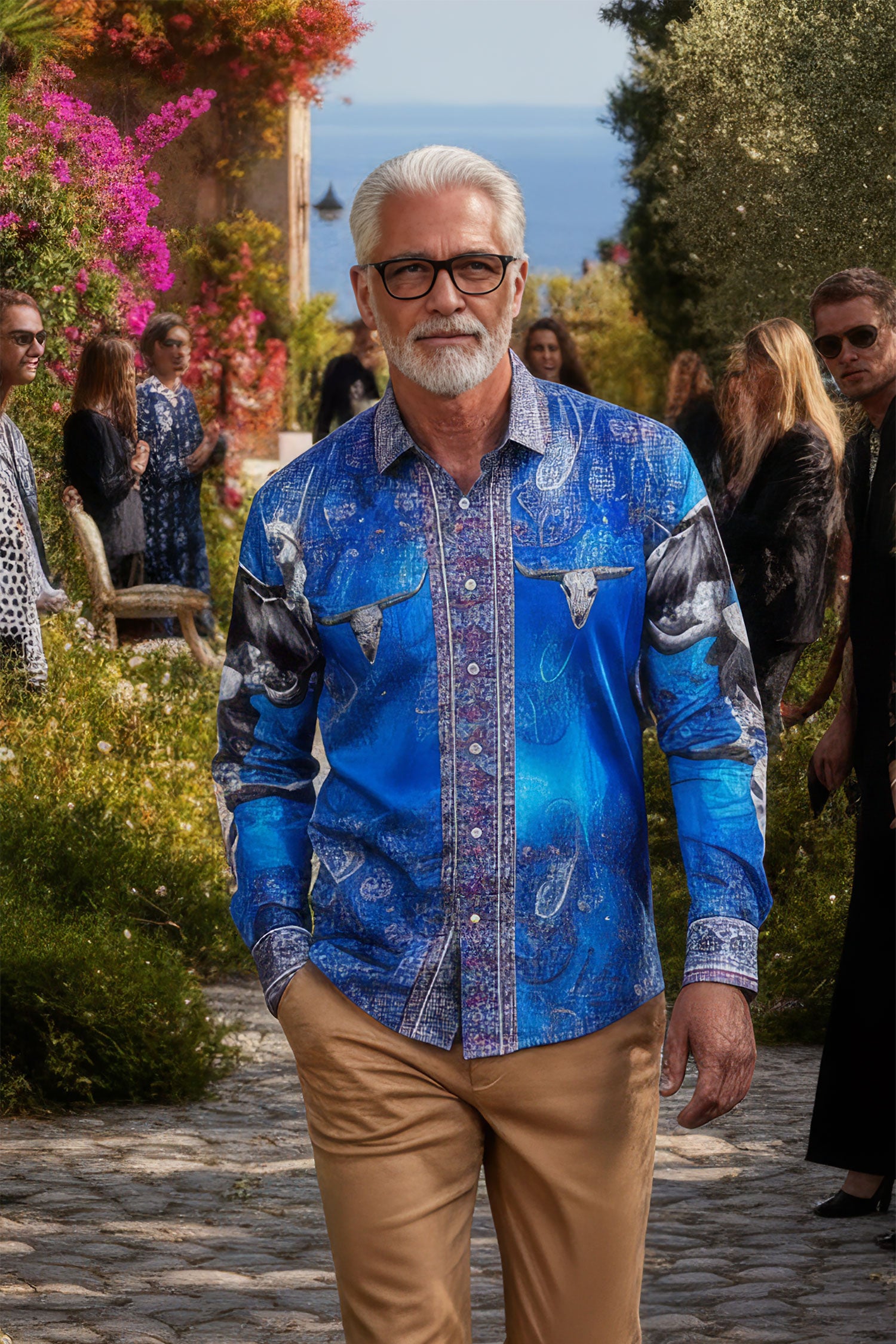 Barabas Men's Rhinestones Animal Paisley Long Sleeve Shirts 5SPR12 Blue