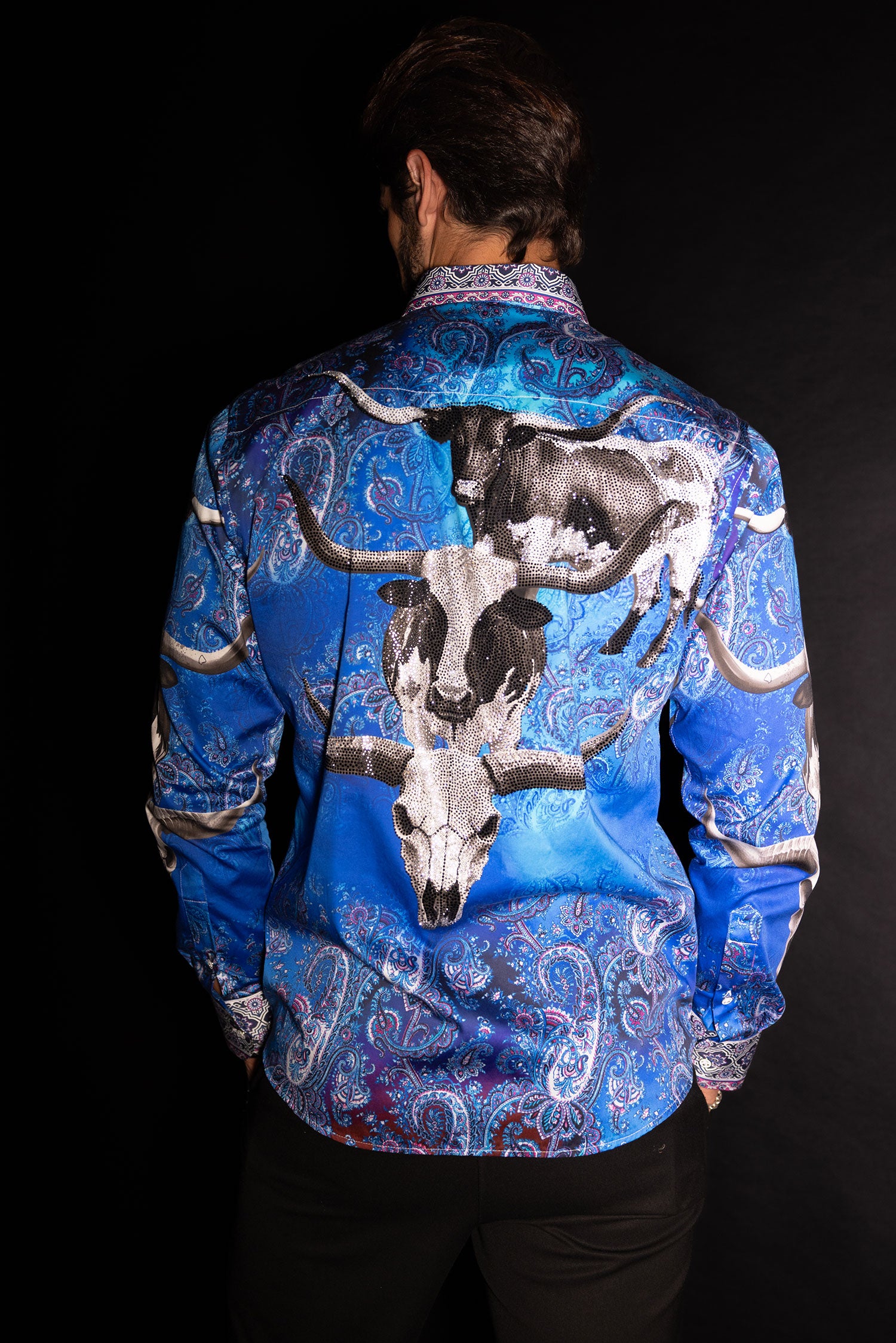 Barabas Men's Rhinestones Animal Paisley Long Sleeve Shirts 5SPR12 Blue