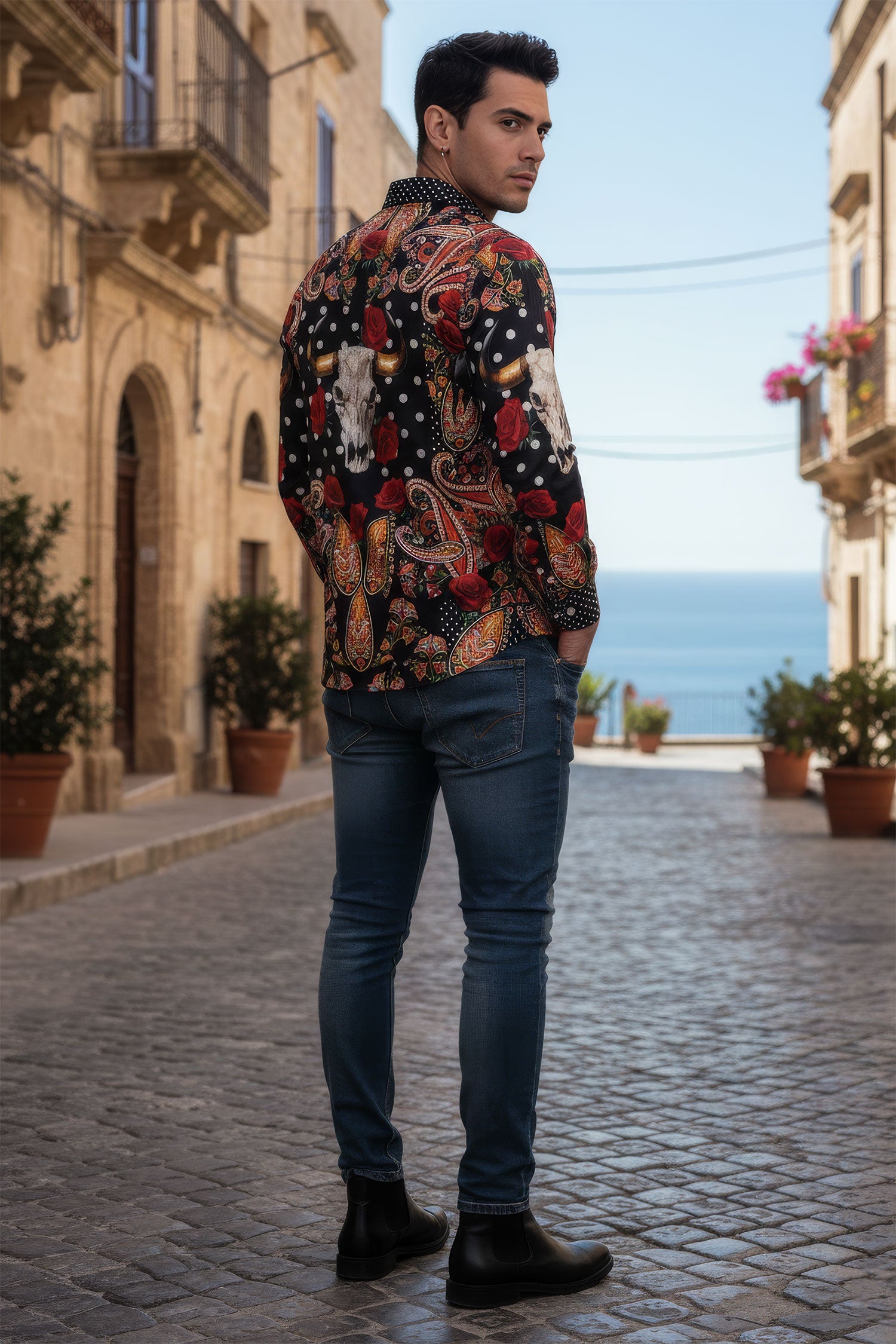 Barabas Men's Rhinestones Floral Bull Skull Long Sleeve Shirts 5SPR13 Black
