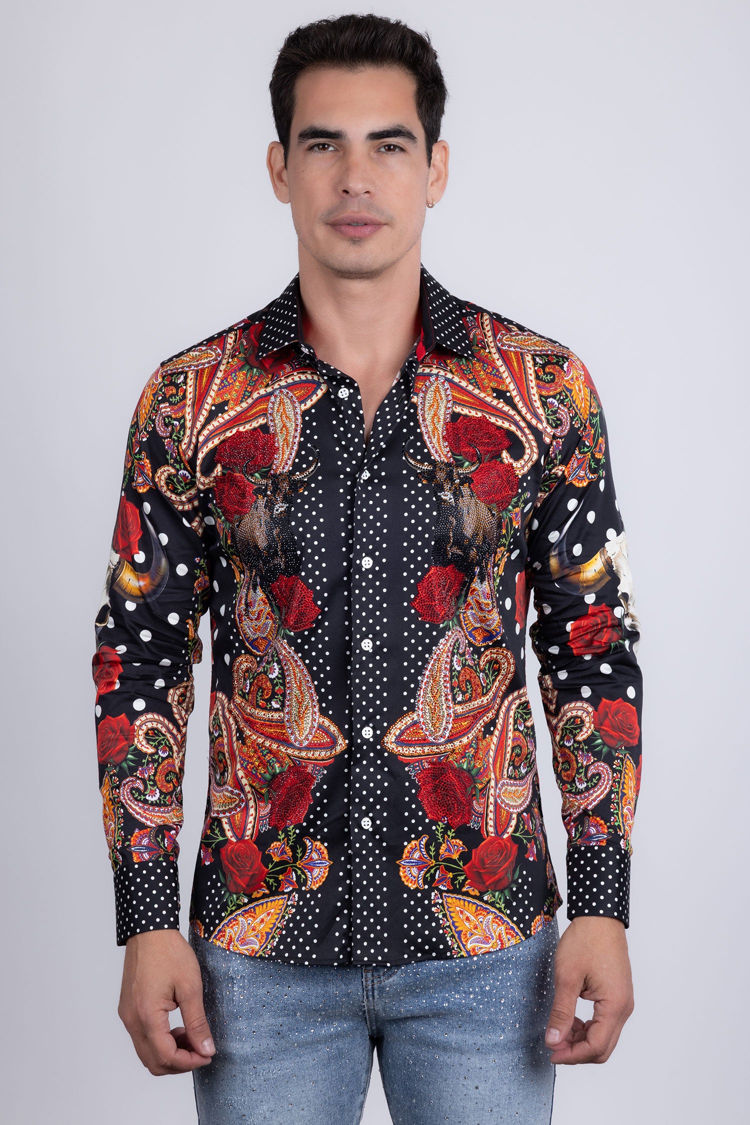 Barabas Men's Rhinestones Floral Bull Skull Long Sleeve Shirts 5SPR13 Black