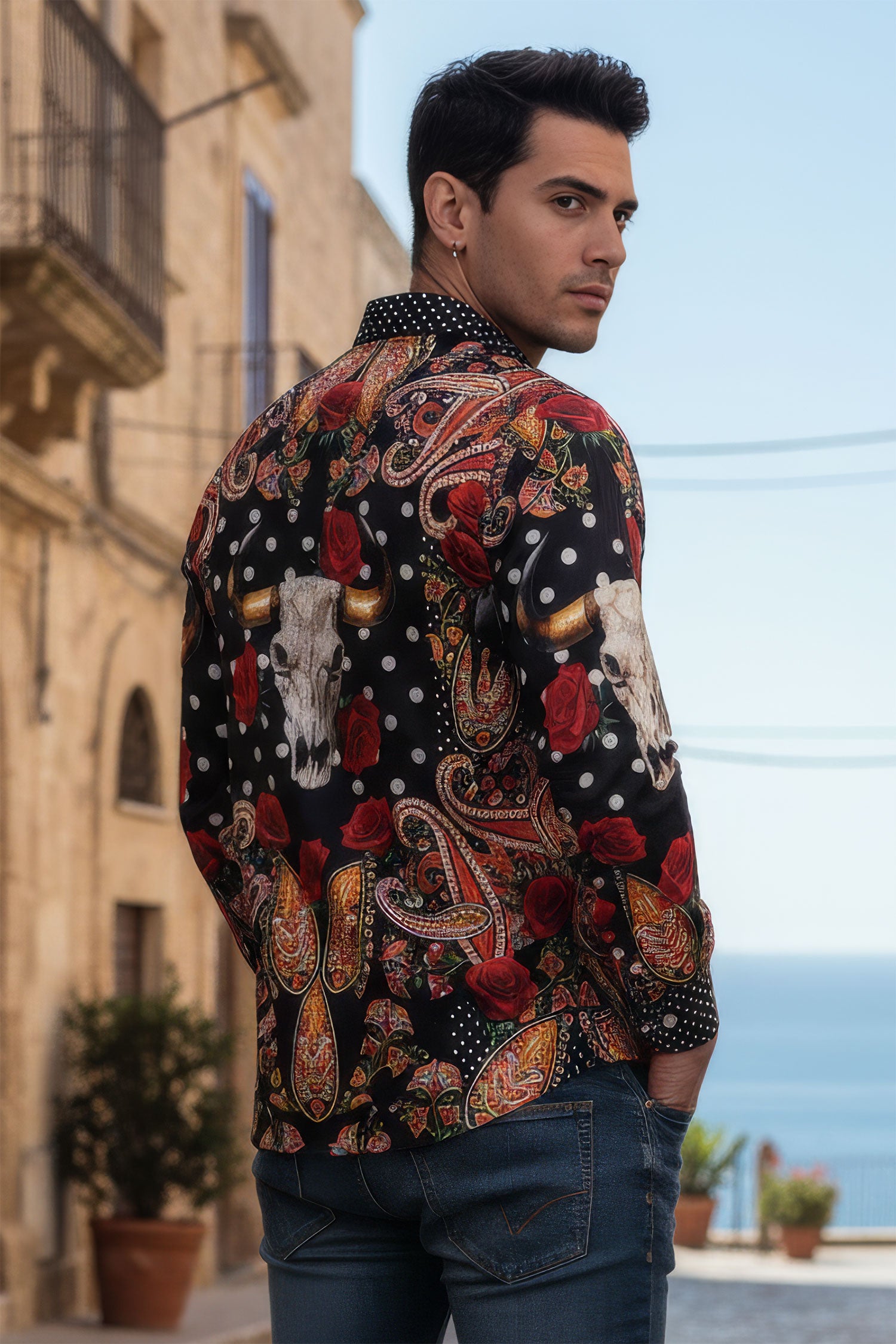 Barabas Men's Rhinestones Floral Bull Skull Long Sleeve Shirts 5SPR13 Black