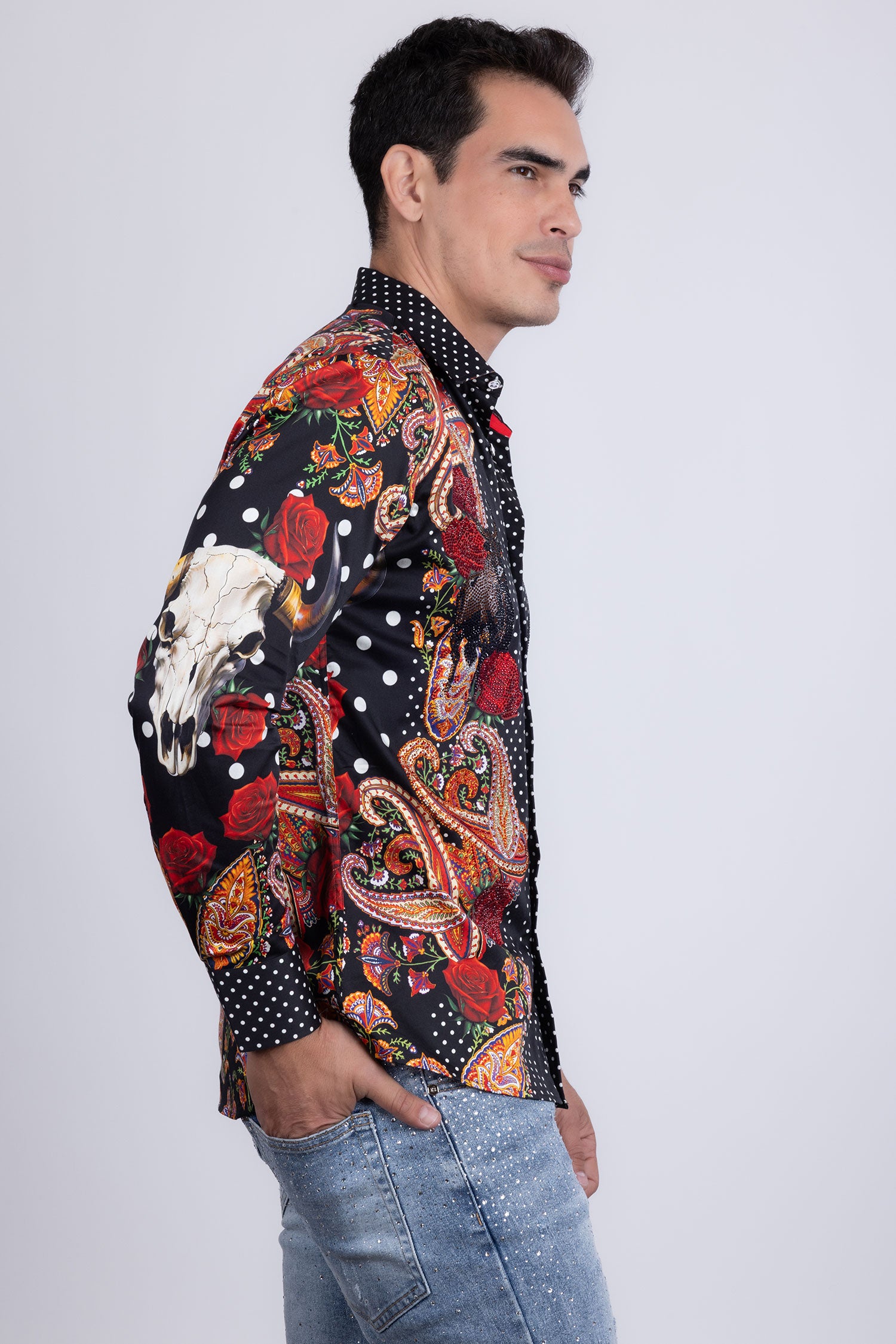 Barabas Men's Rhinestones Floral Bull Skull Long Sleeve Shirts 5SPR13 Black