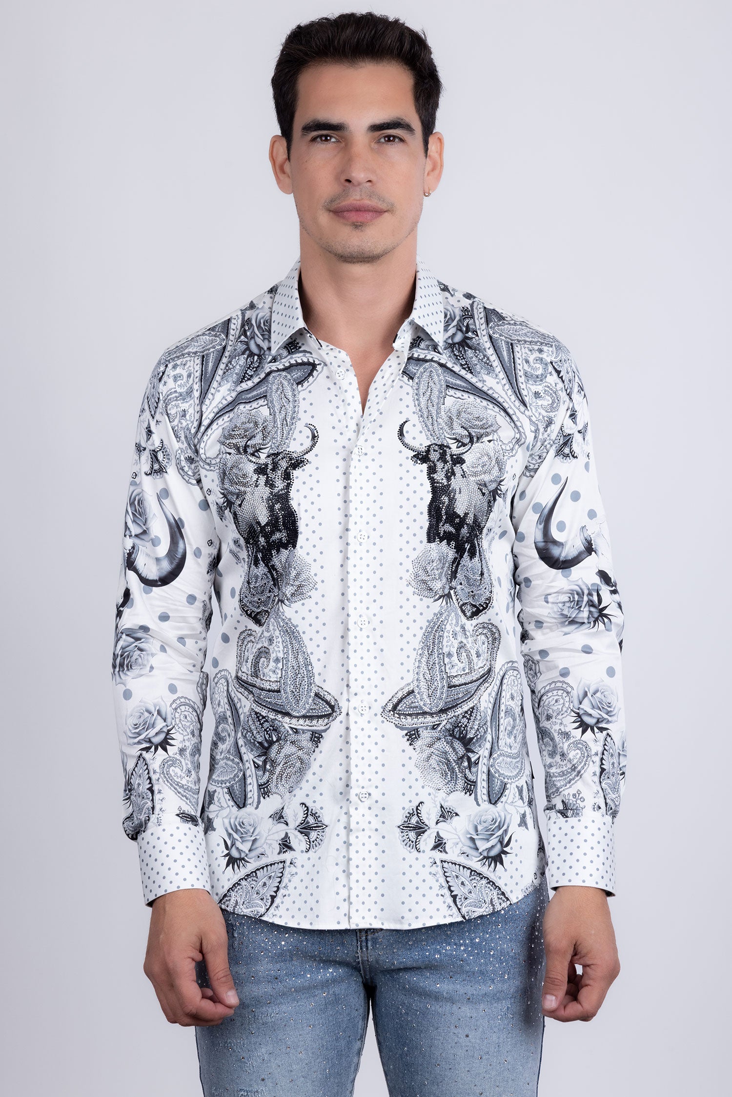Barabas Men's Rhinestones Floral Bull Skull Long Sleeve Shirts 5SPR13 White