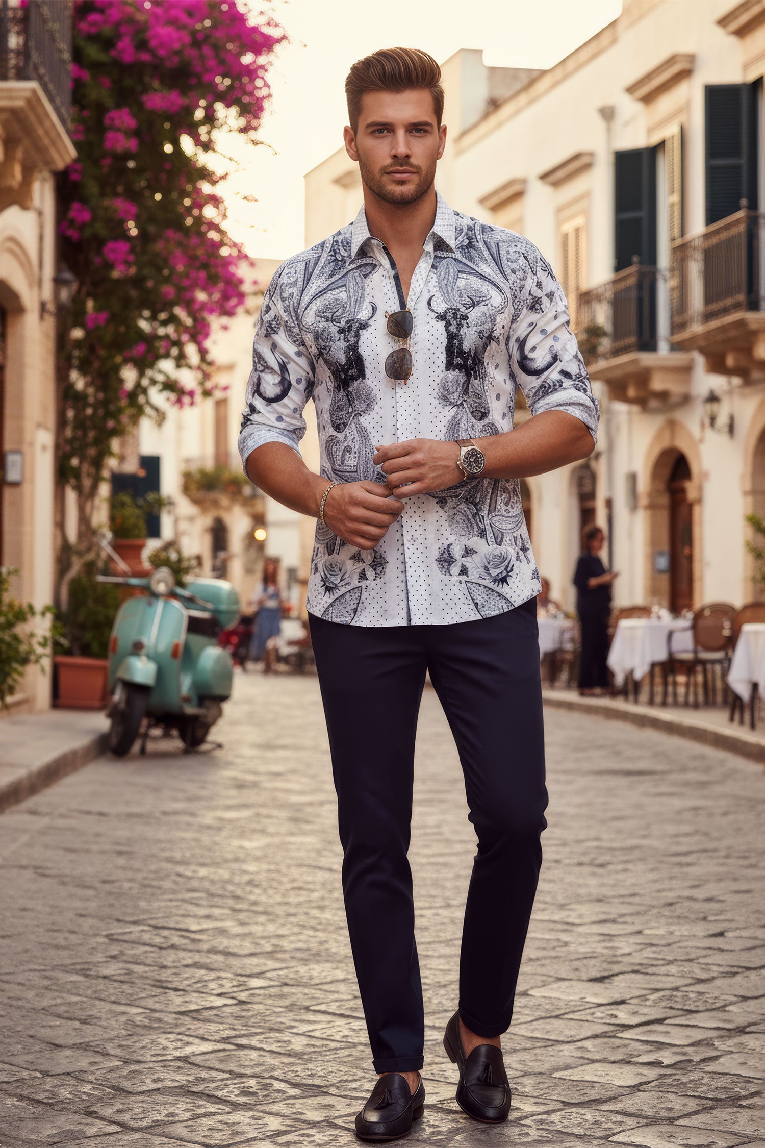 Barabas Men's Rhinestones Floral Bull Skull Long Sleeve Shirts 5SPR13 Black