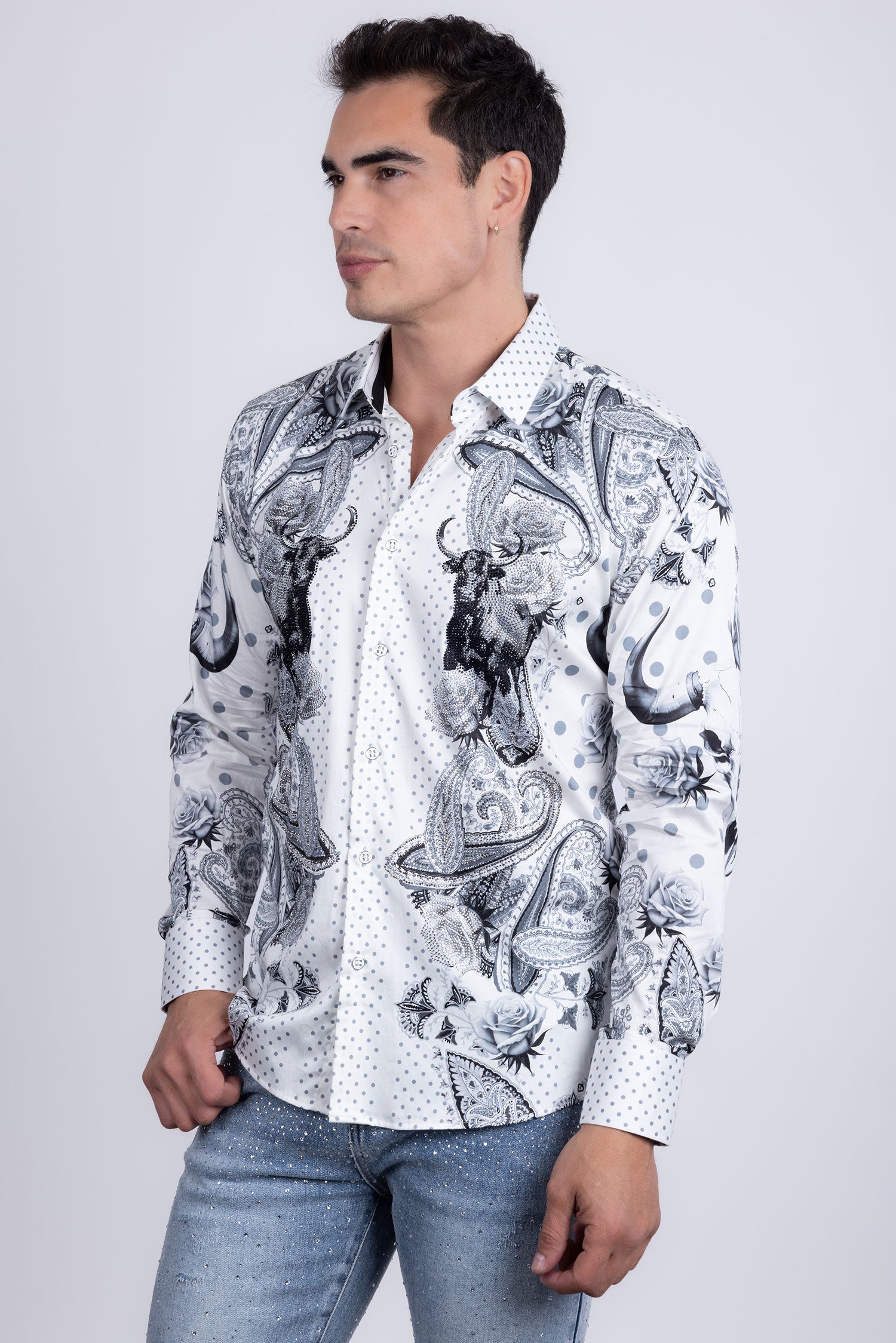 Barabas Men's Rhinestones Floral Bull Skull Long Sleeve Shirts 5SPR13 White