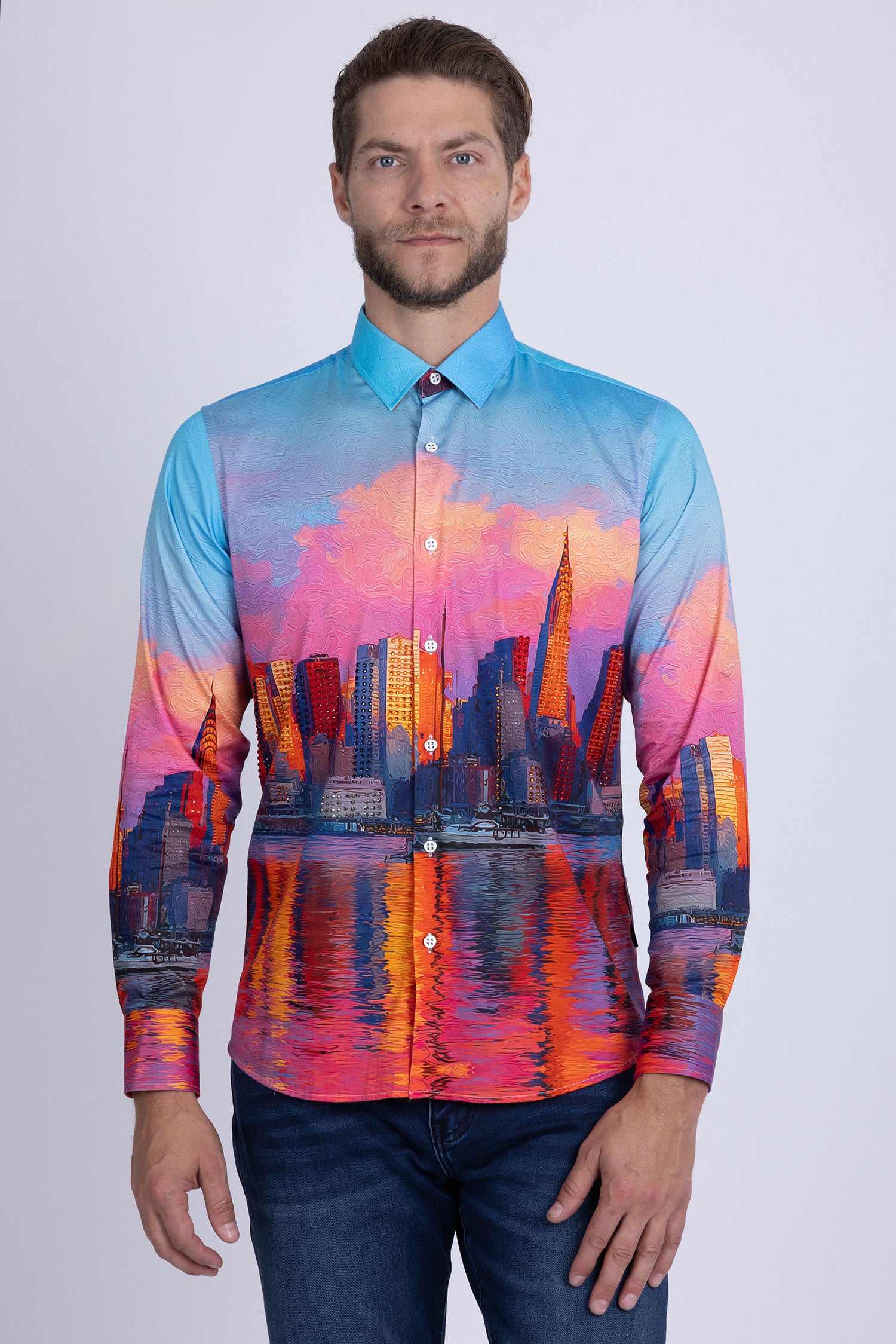 Barabas Men's New York Rhinestones Baroque Shirt 5SPR16 Blue