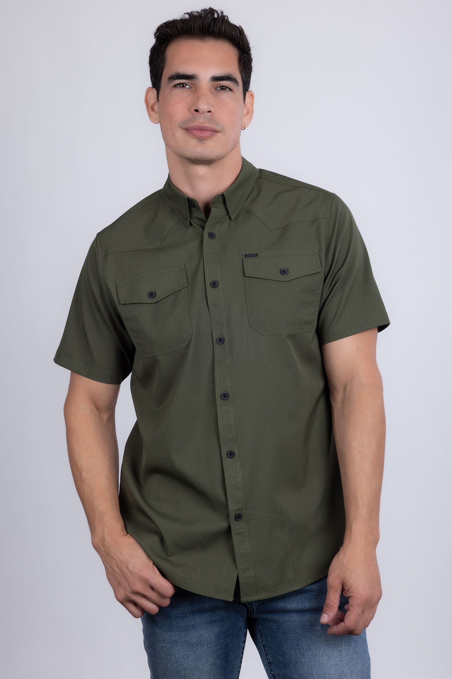 Barabas Men's Western Casual Solid Stretch Short Sleeve Shirt 5SST10 Army Green
