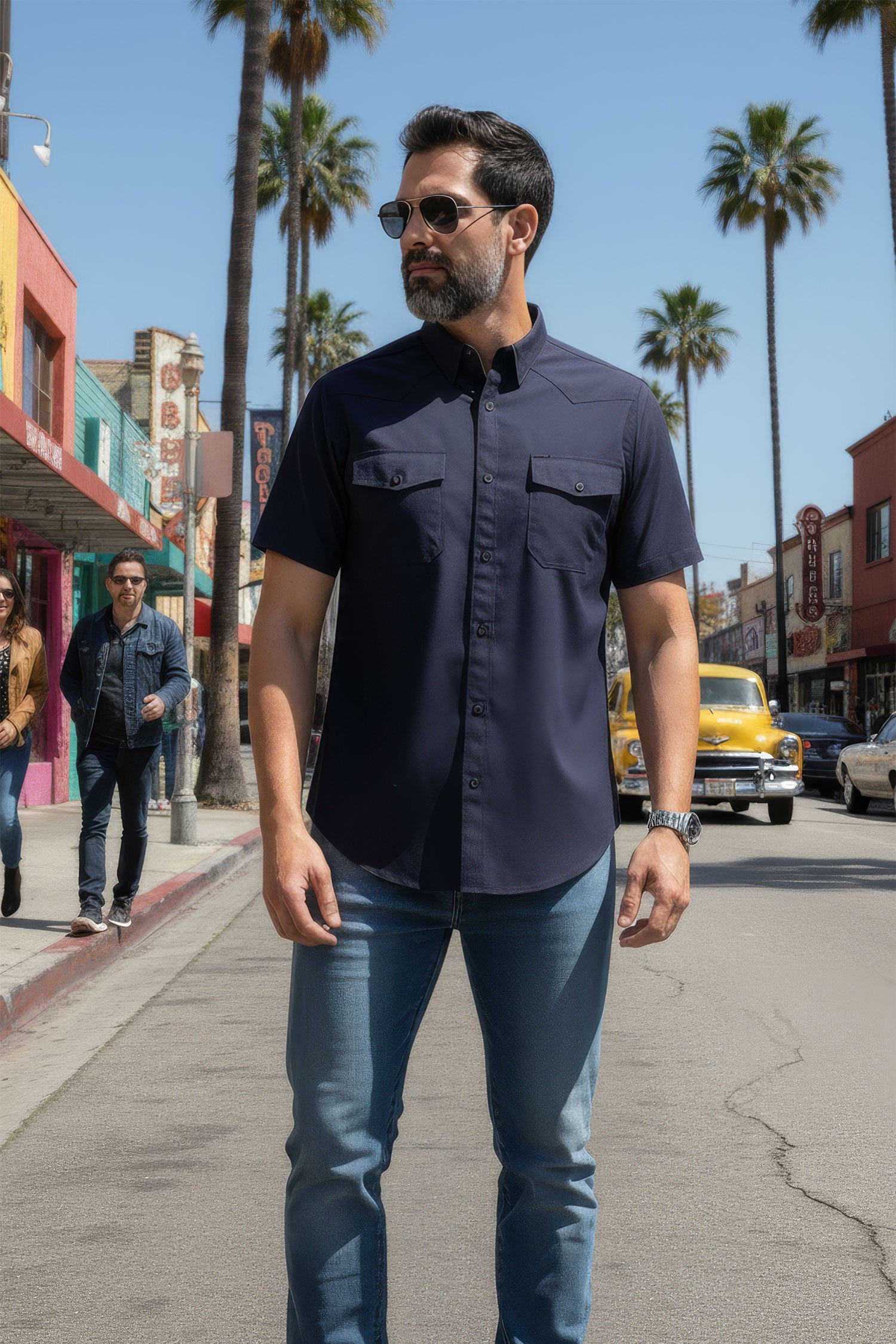 Barabas Men's Western Casual Solid Stretch Short Sleeve Shirt 5SST10 Navy