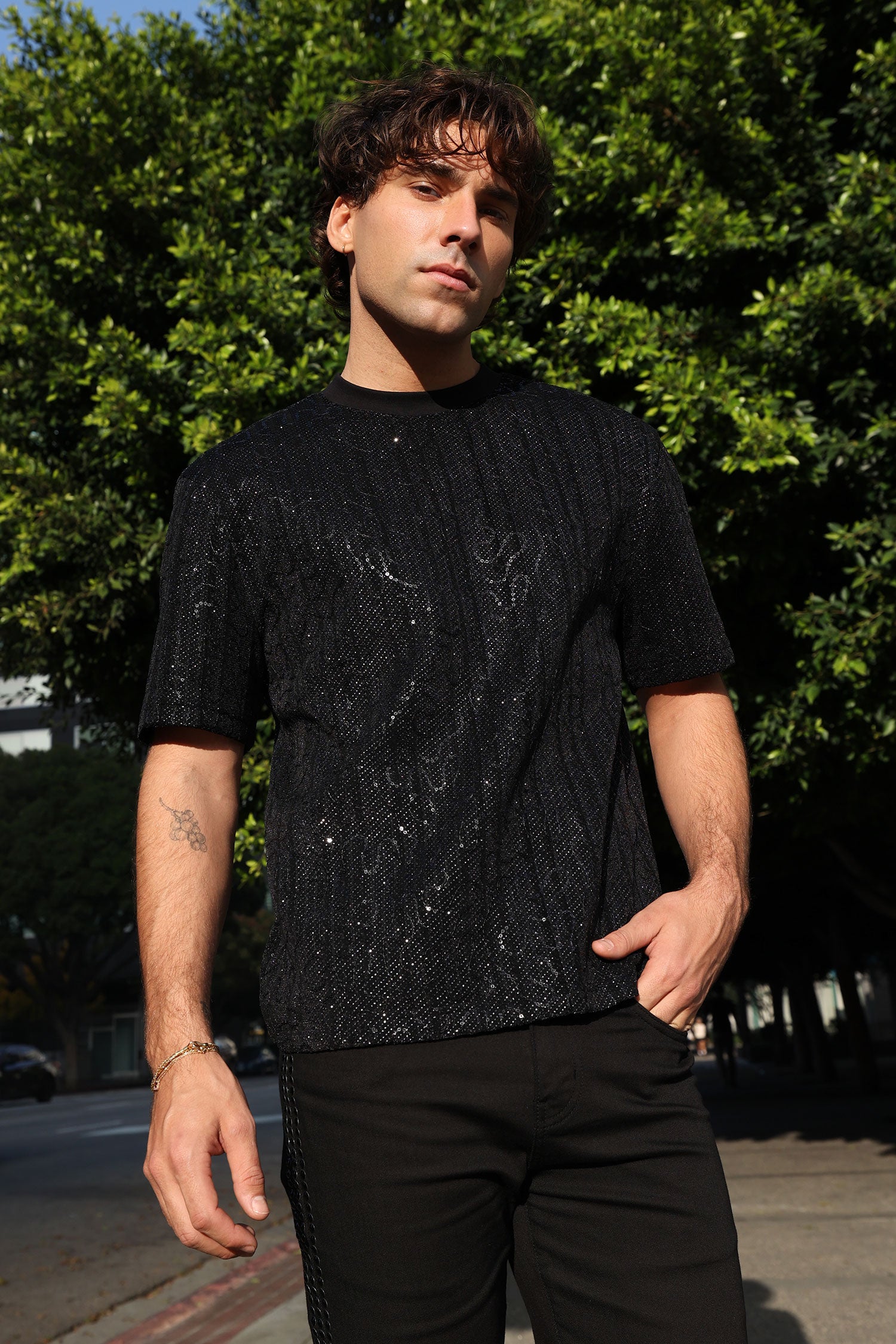 Barabas Men's Sequin Stretch Crew Neck T-Shirt 5ST04 Black