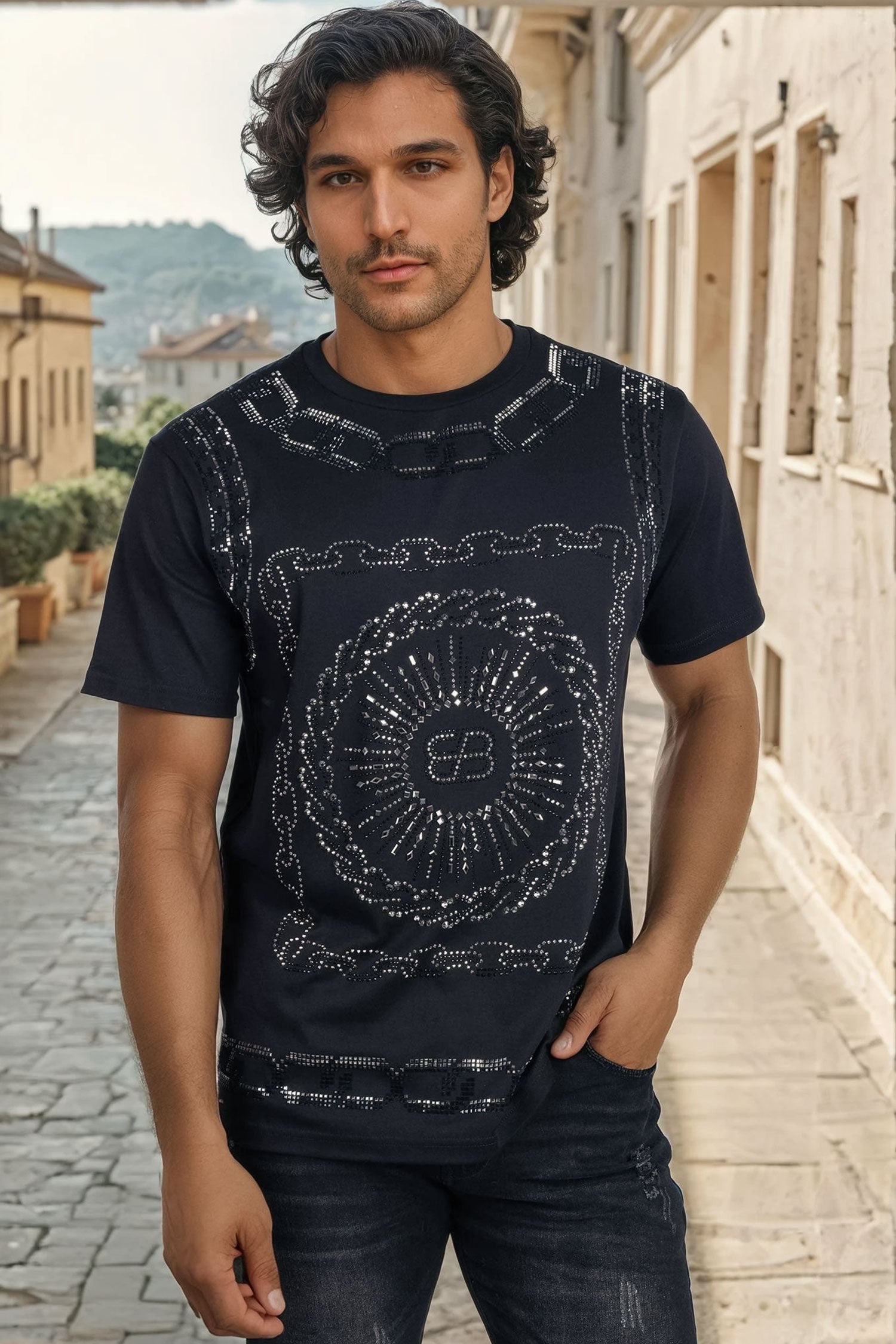 Barabas Men's Chains Rhinestone Solid Color Crew Neck T-shirts 5STR01 Black Silver