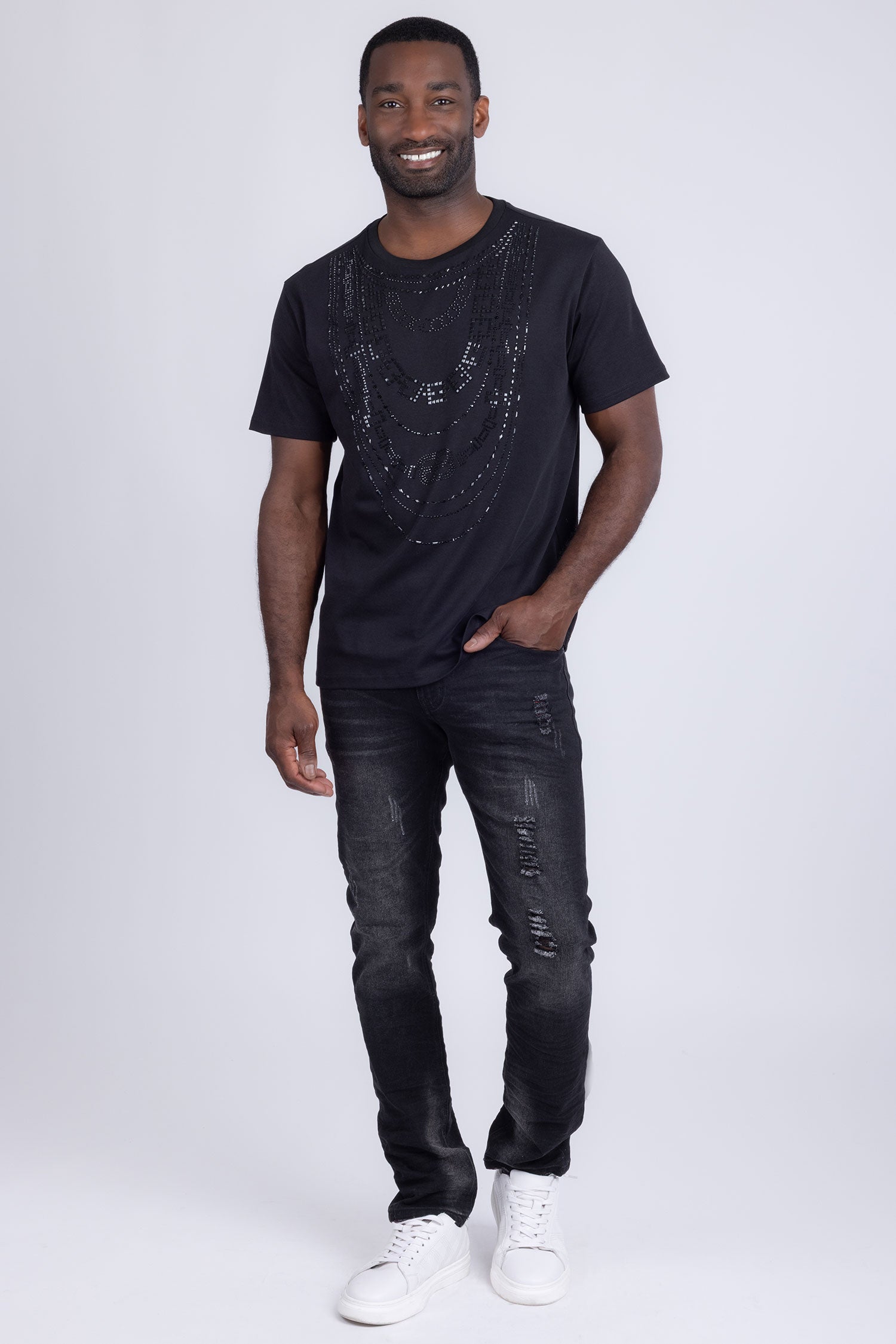 Barabas Men's Link Rhinestone Solid Color Crew Neck T-shirts 5STR02 Black