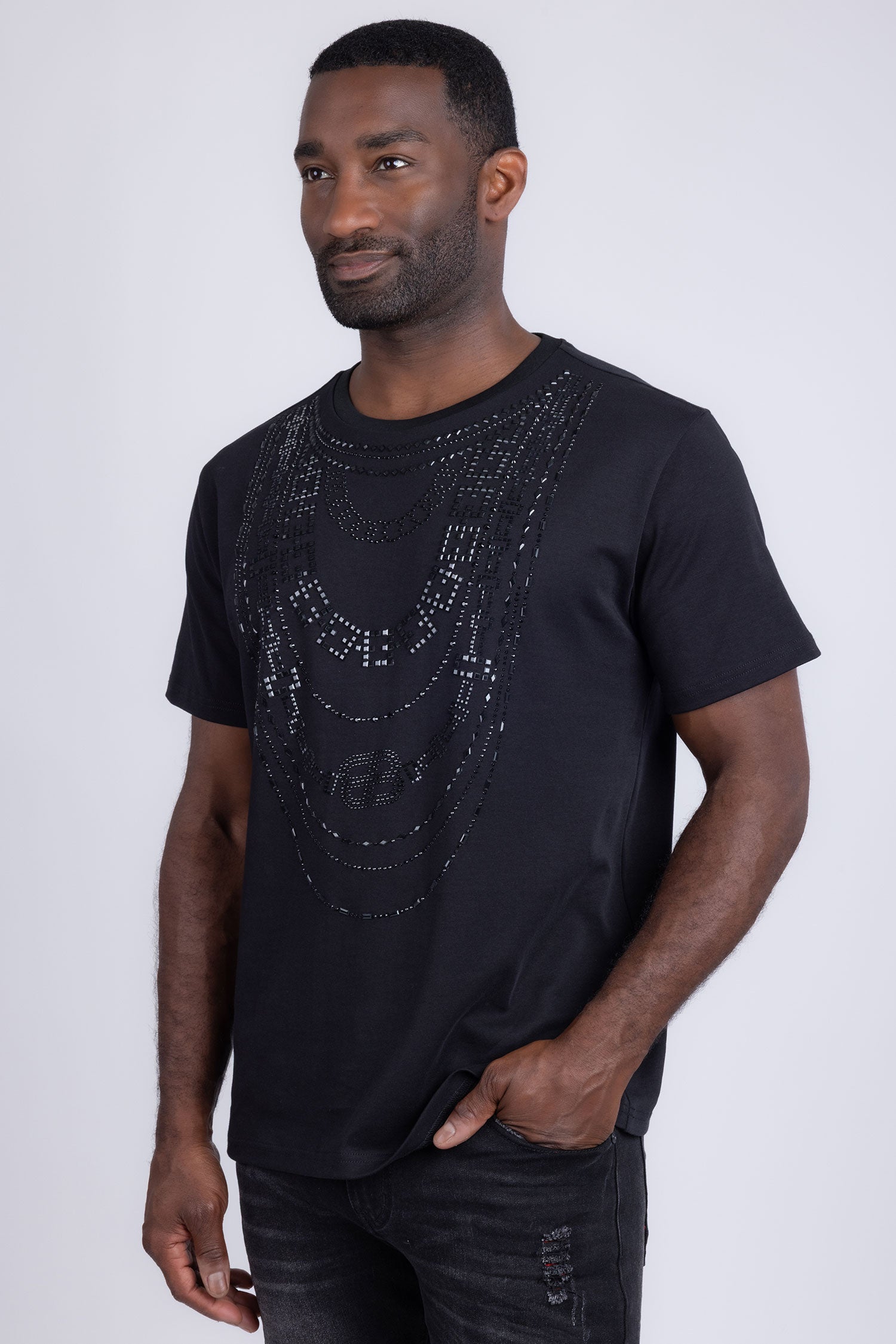 Barabas Men's Link Rhinestone Solid Color Crew Neck T-shirts 5STR02 Black