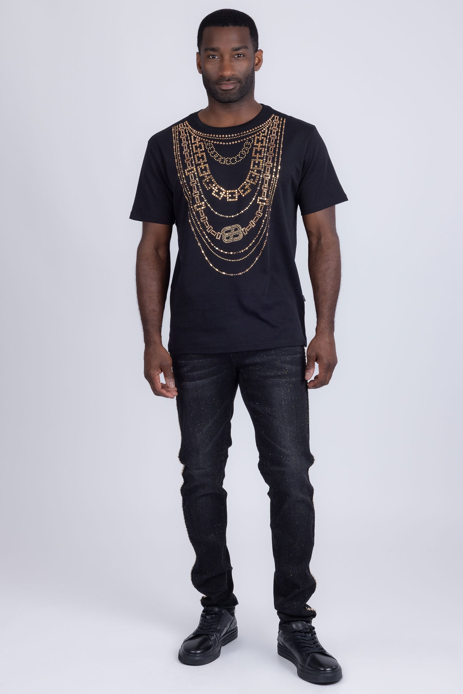 Barabas Men's Link Rhinestone Solid Color Crew Neck T-shirts 5STR02 Black Gold
