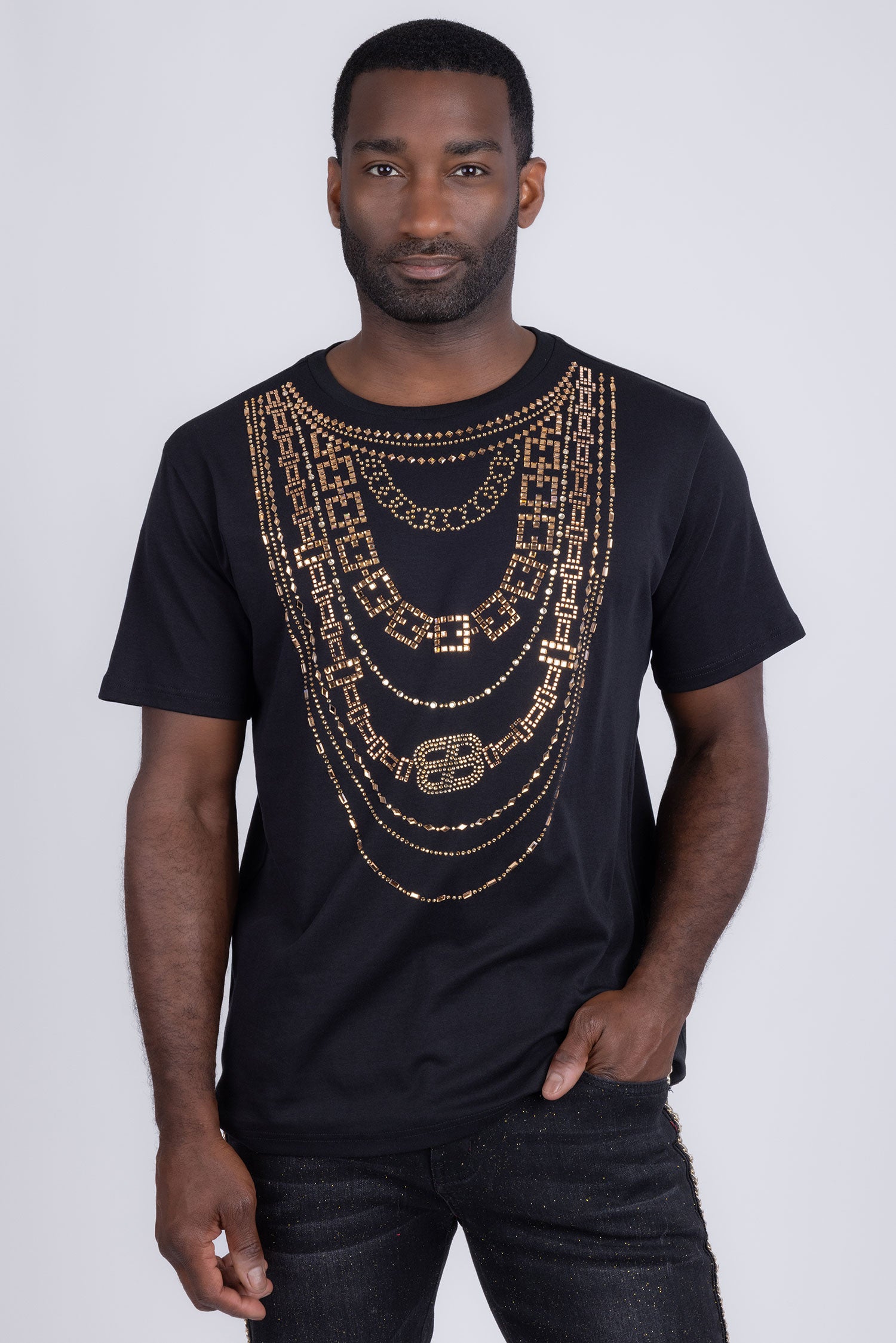 Barabas Men's Link Rhinestone Solid Color Crew Neck T-shirts 5STR02 Black Gold