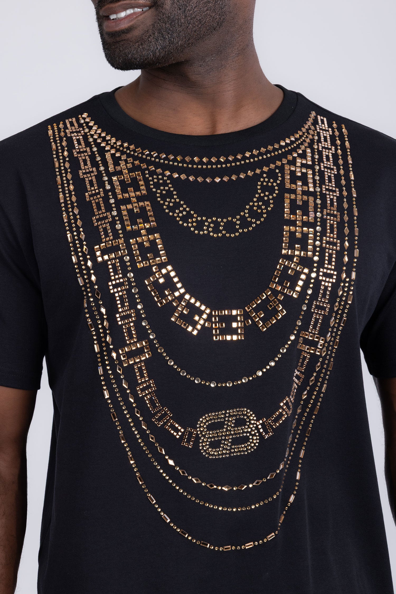 Barabas Men's Link Rhinestone Solid Color Crew Neck T-shirts 5STR02 Black 
