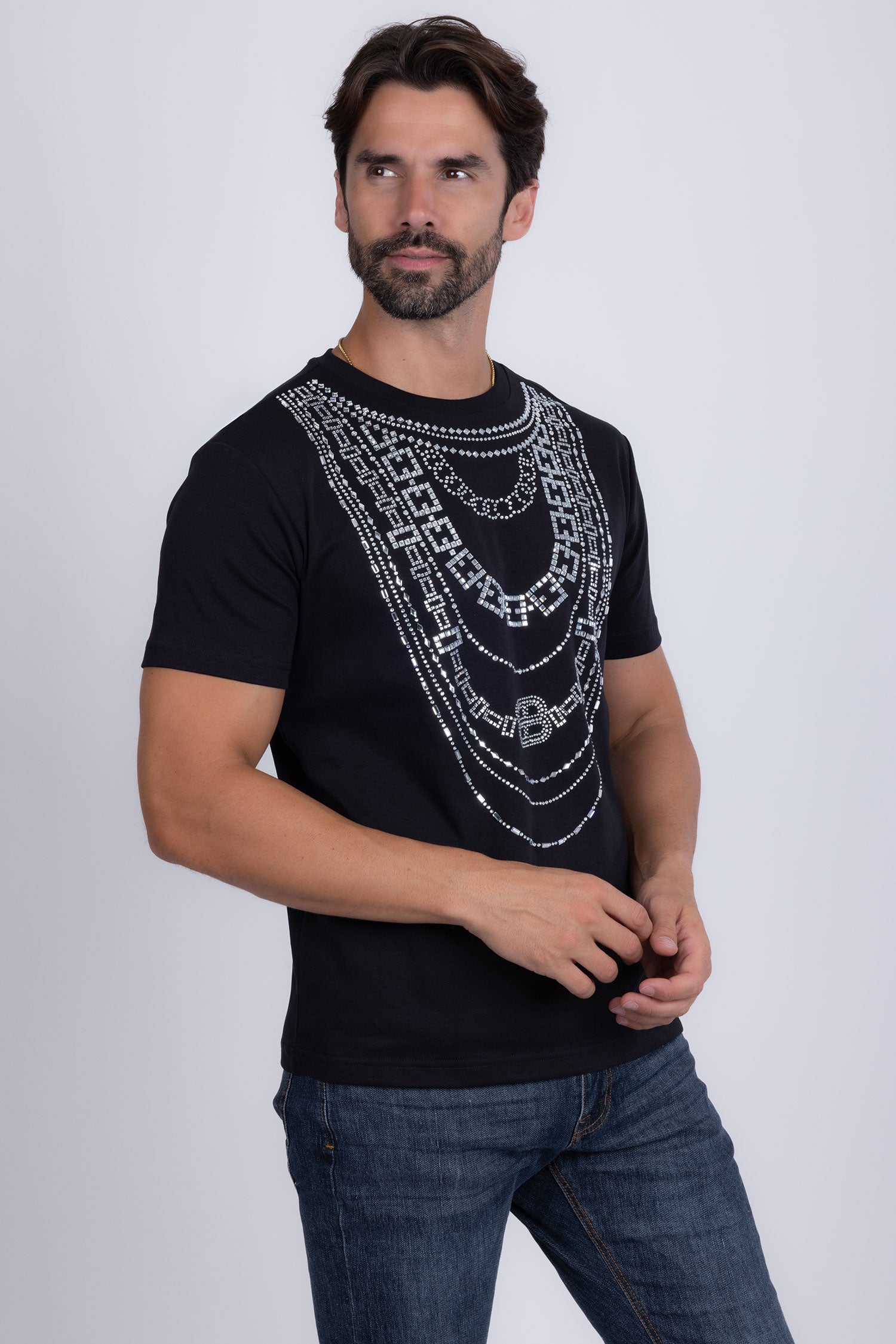 Barabas Men's Link Rhinestone Solid Color Crew Neck T-shirts 5STR02 Black
