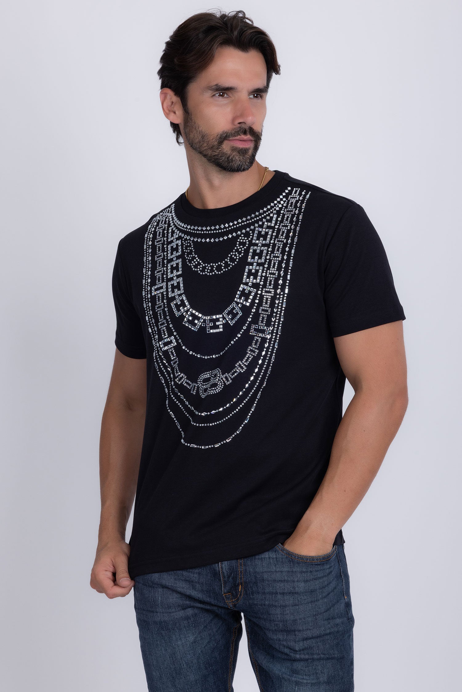 Barabas Men's Link Rhinestone Solid Color Crew Neck T-shirts 5STR02 Black Silver