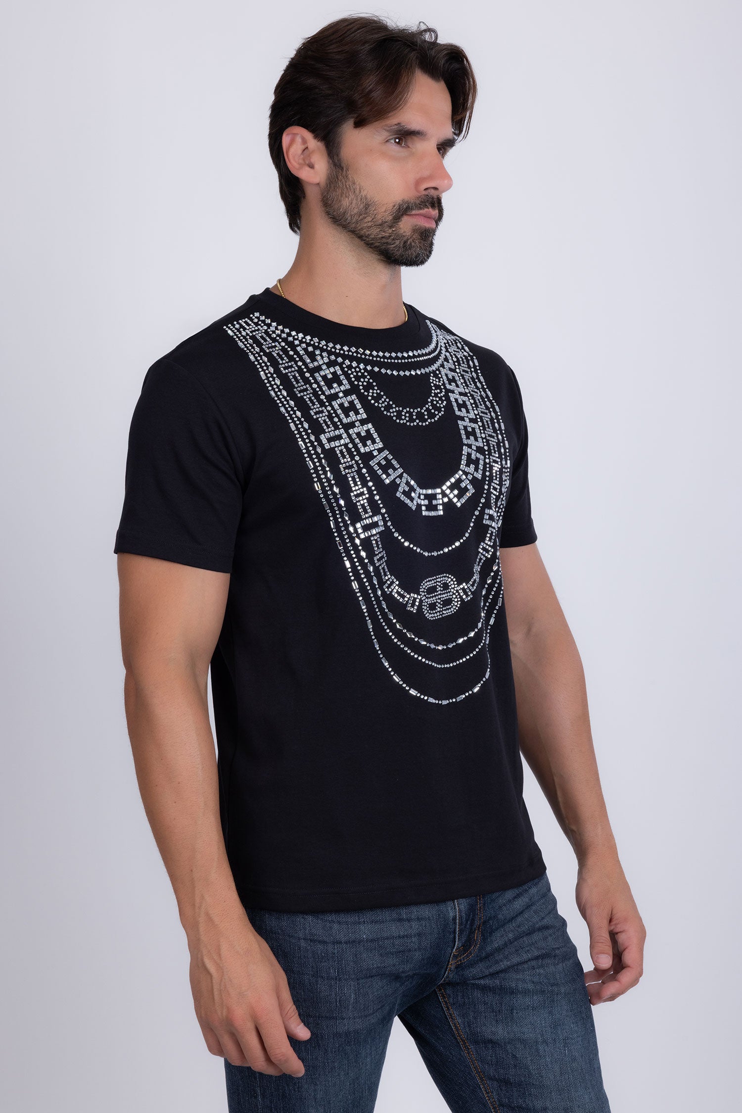 Barabas Men's Link Rhinestone Solid Color Crew Neck T-shirts 5STR02 Black
