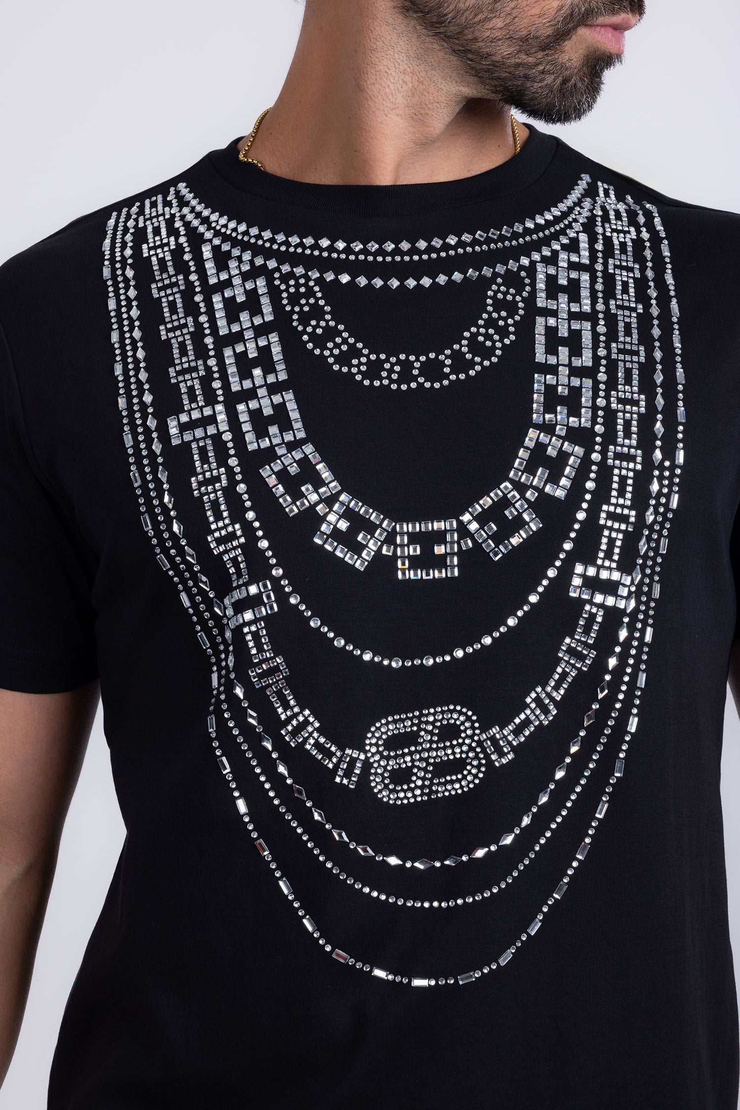 Barabas Men's Link Rhinestone Solid Color Crew Neck T-shirts 5STR02 Silver