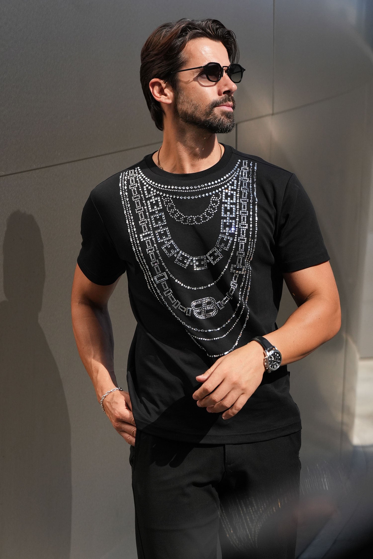 Barabas Men's Link Rhinestone Solid Color Crew Neck T-shirts 5STR02 Black Silver