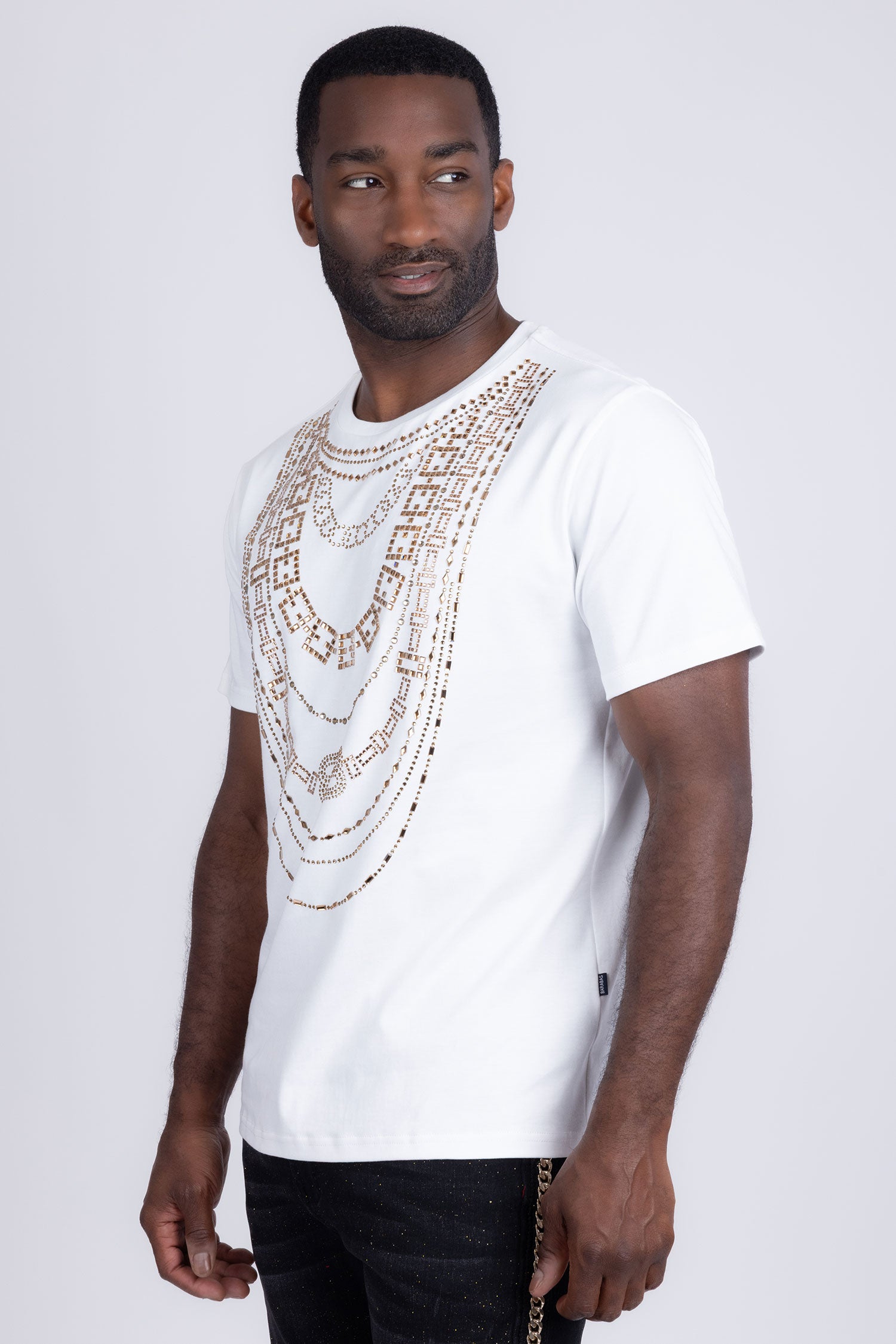 Barabas Men's Link Rhinestone Solid Color Crew Neck T-shirts 5STR02 White