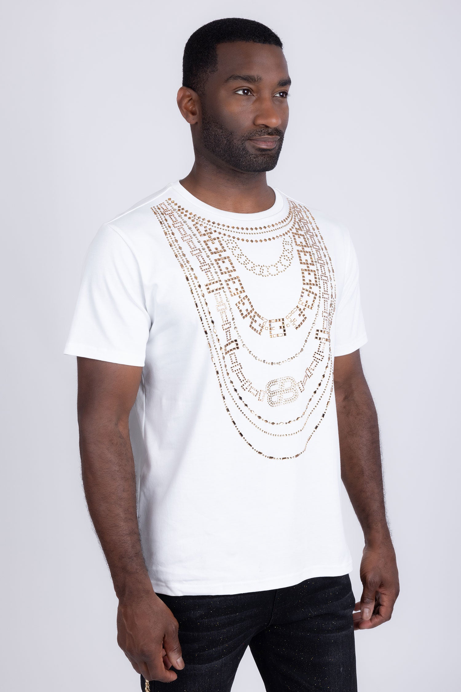 Barabas Men's Link Rhinestone Solid Color Crew Neck T-shirts 5STR02 White
