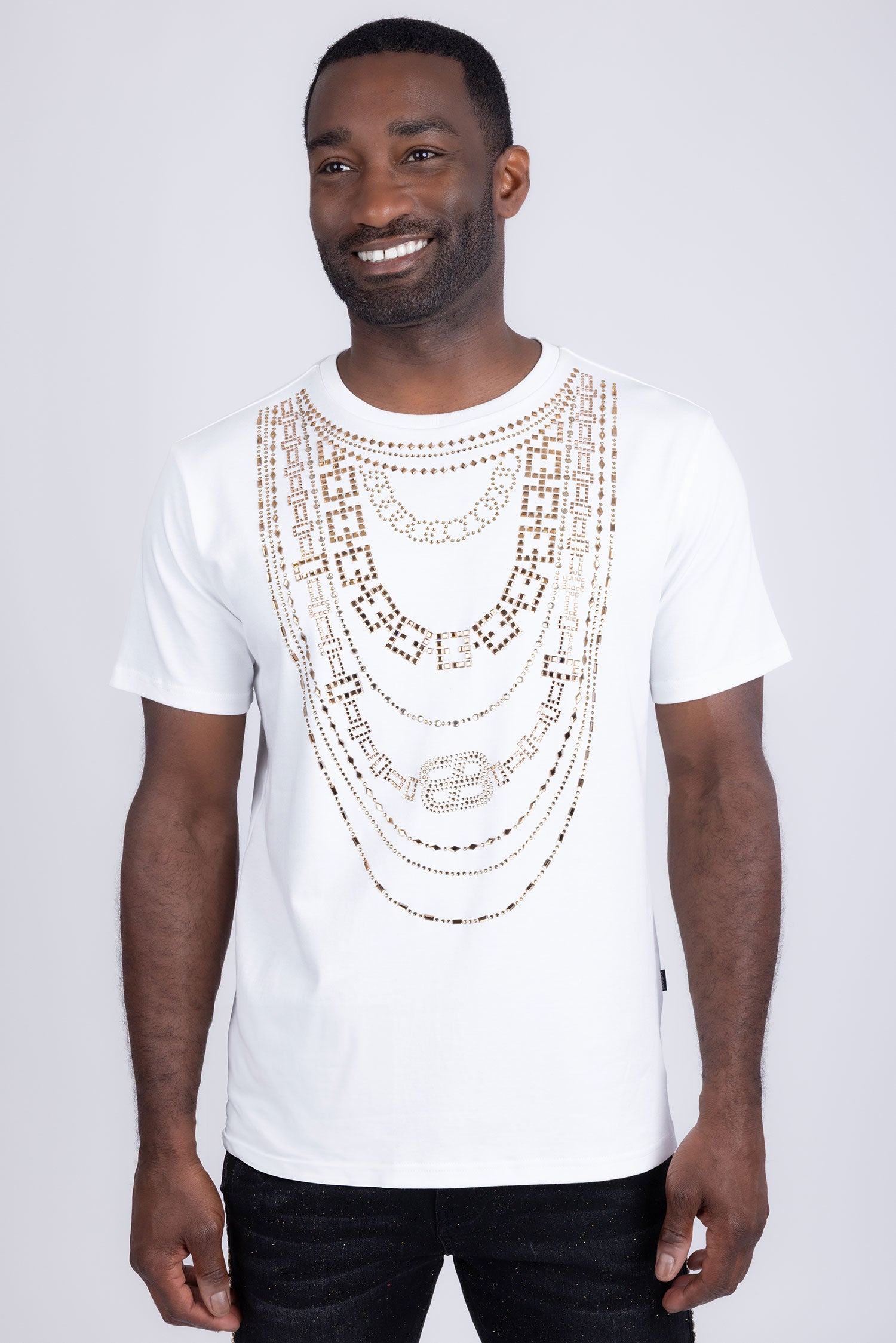 Barabas Men's Link Rhinestone Solid Color Crew Neck T-shirts 5STR02 White