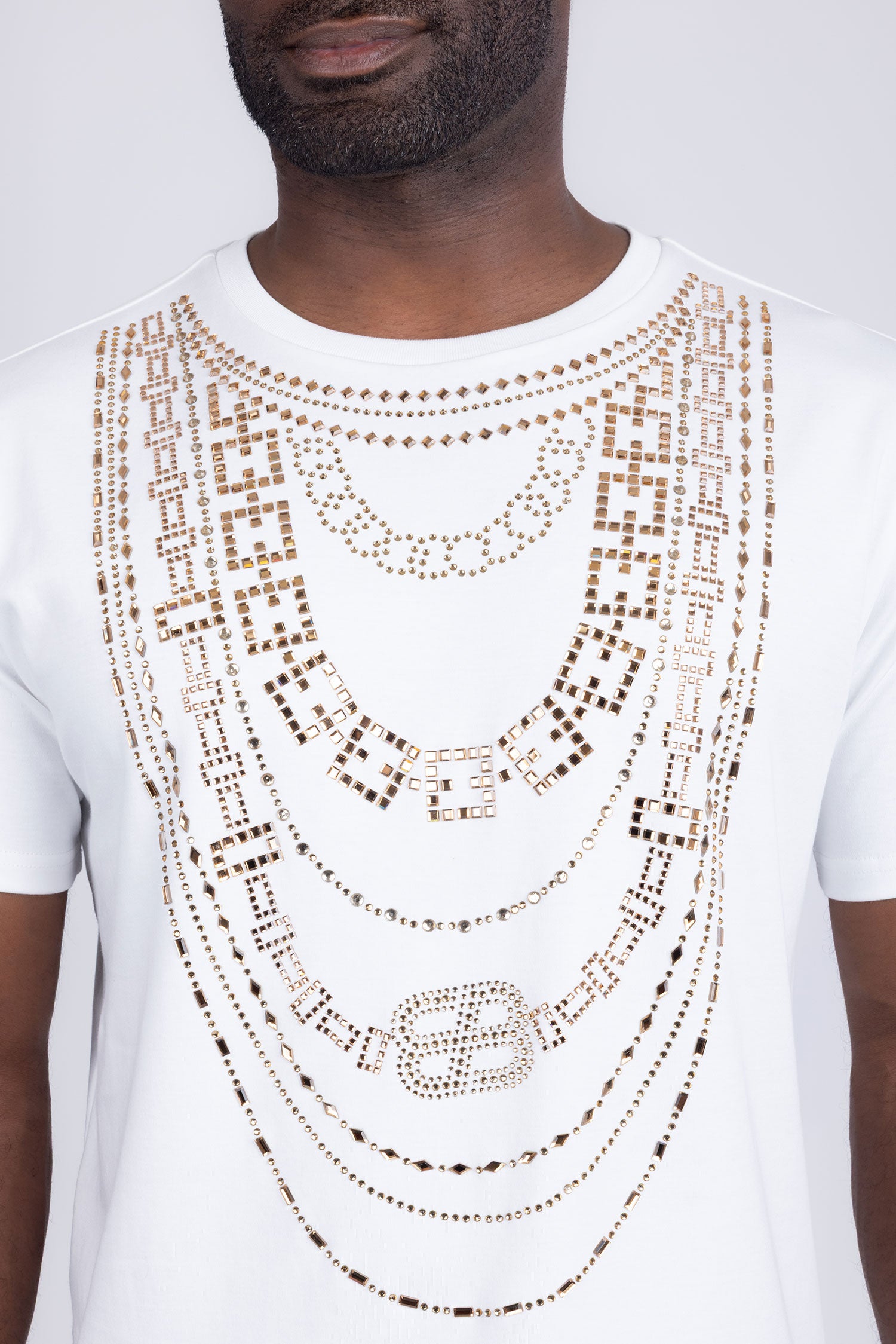 Barabas Men's Link Rhinestone Solid Color Crew Neck T-shirts 5STR02 White Gold