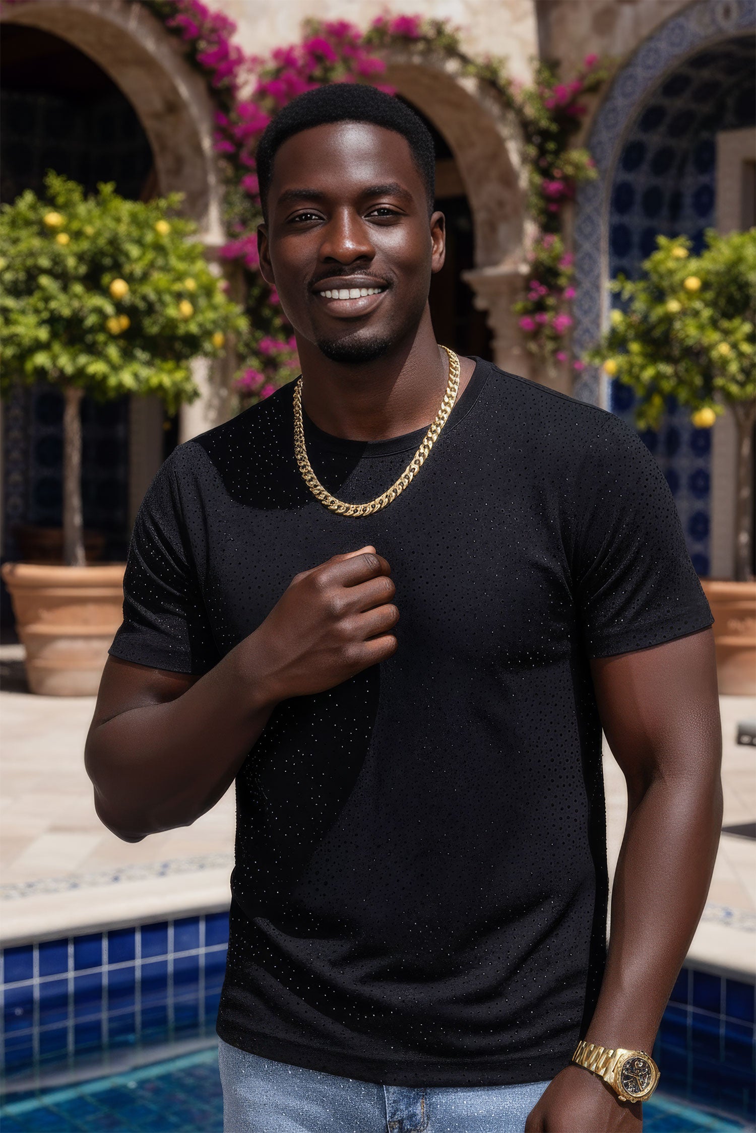 Barabas Men's Glittery Sparkle Rhinestone Crew-neck T-shirt 5STR03 Black Black