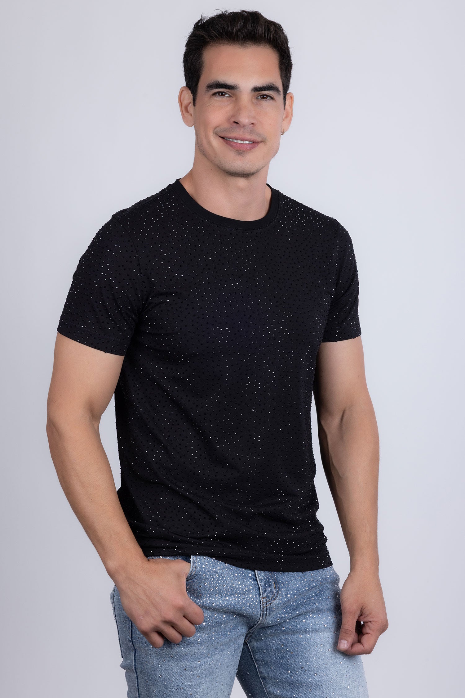 Barabas Men's Glittery Sparkle Rhinestone Crew-neck T-shirt 5STR03 Black