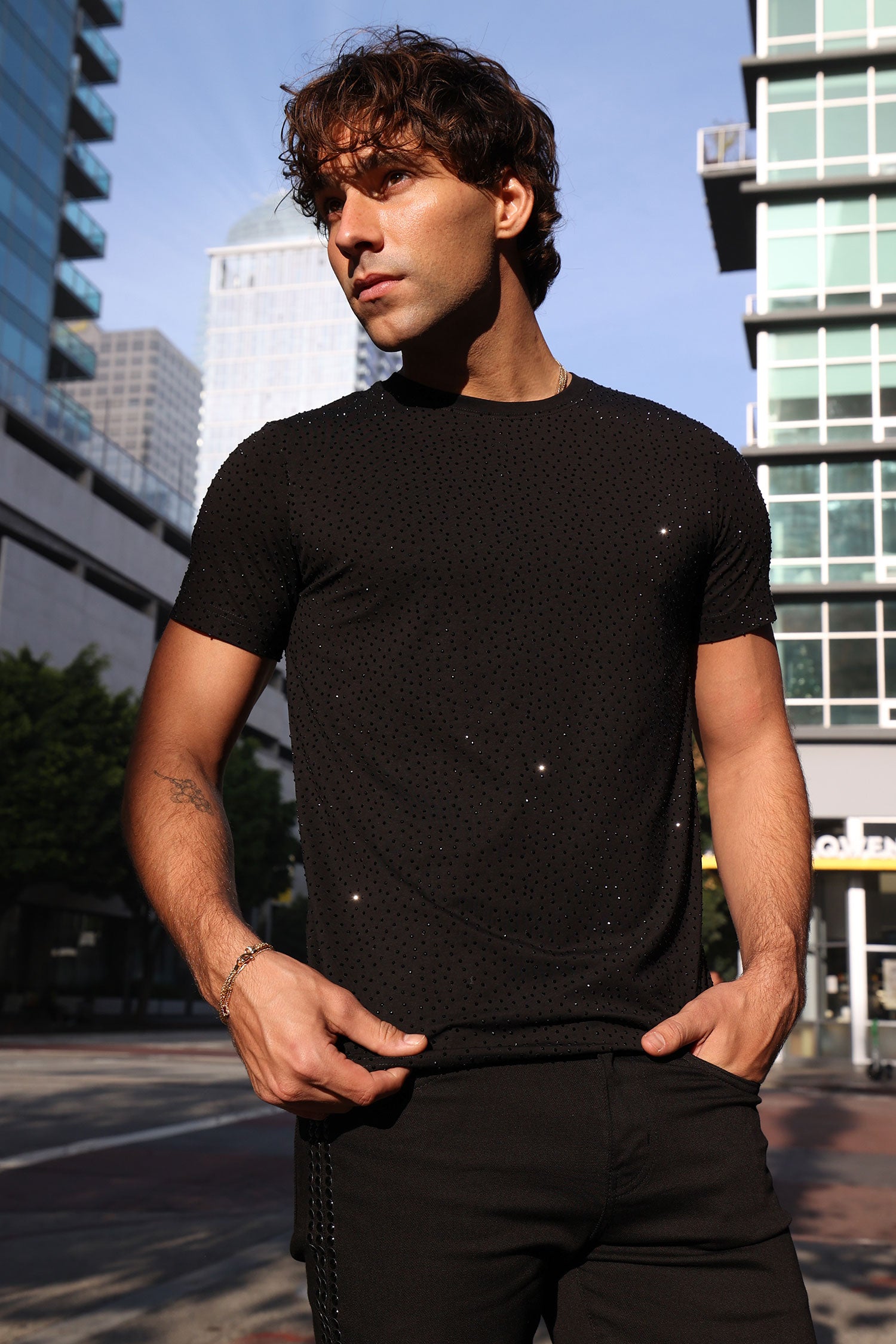 Barabas Men's Glittery Sparkle Rhinestone Crew-neck T-shirt 5STR03 Black Black