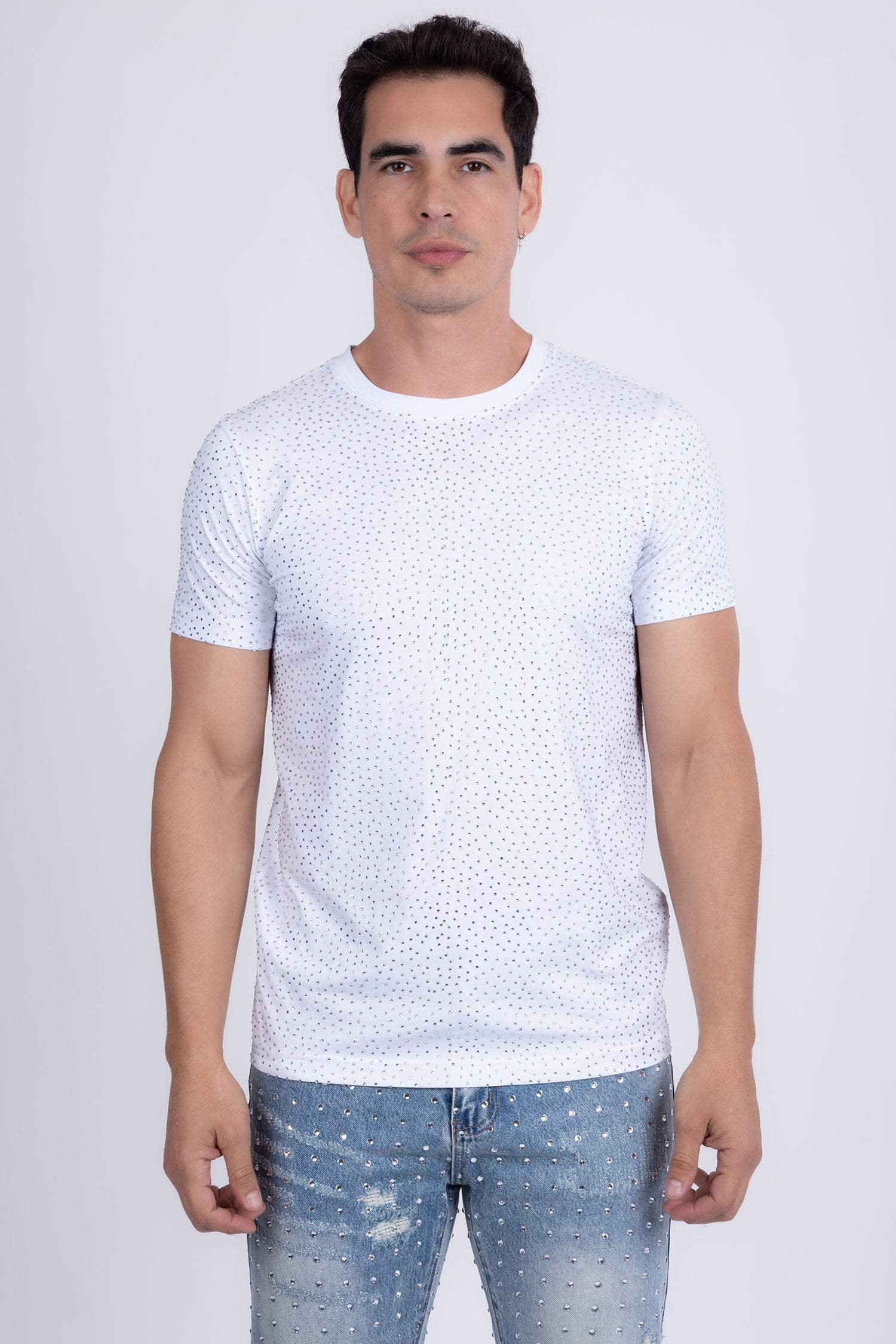 Barabas Men's Glittery Sparkle Rhinestone Crew-neck T-shirt 5STR03 White Silver