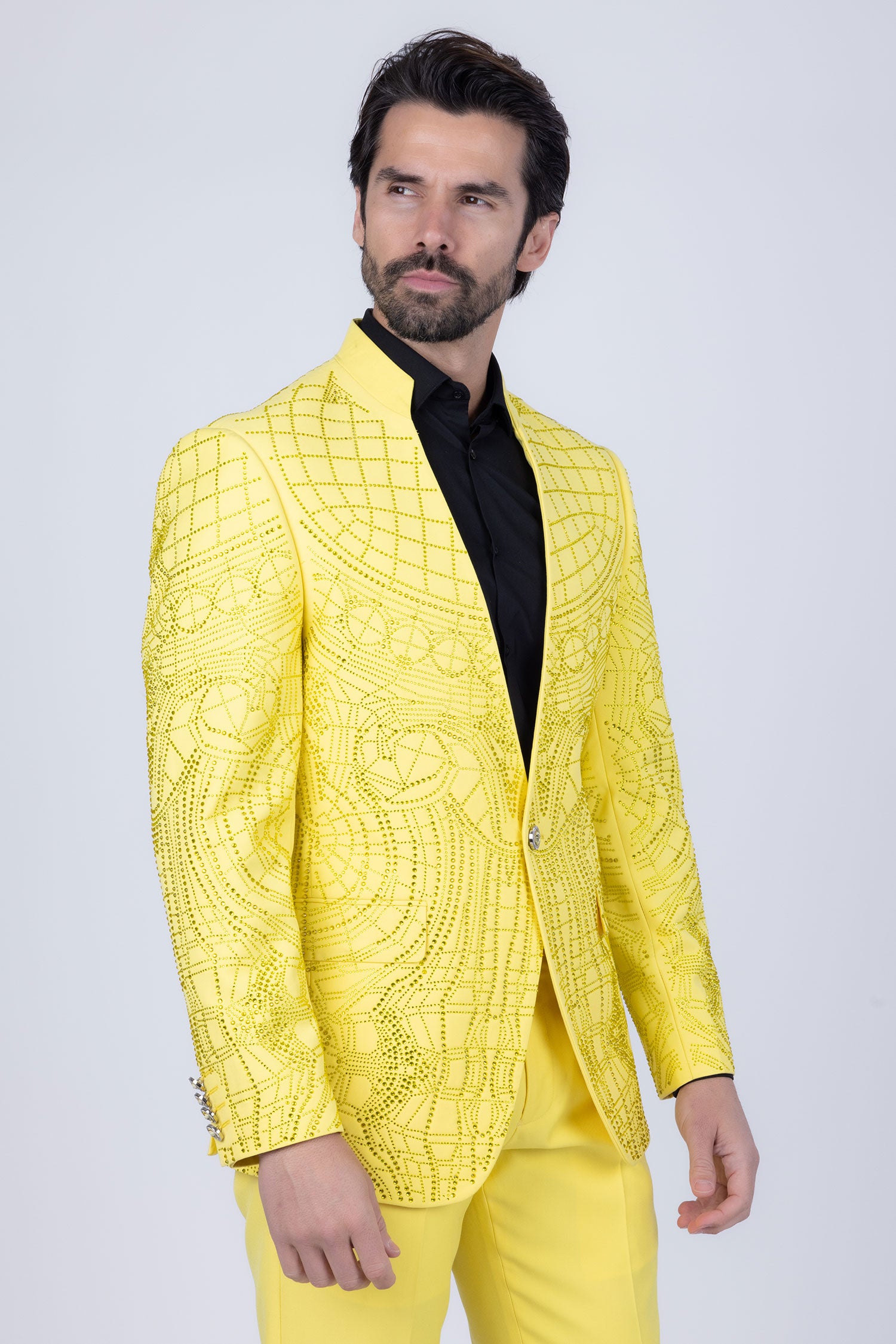 Barabas Men's Geometric Rhinestone Pattern Henley Lapel Suit 5SU14 Yellow