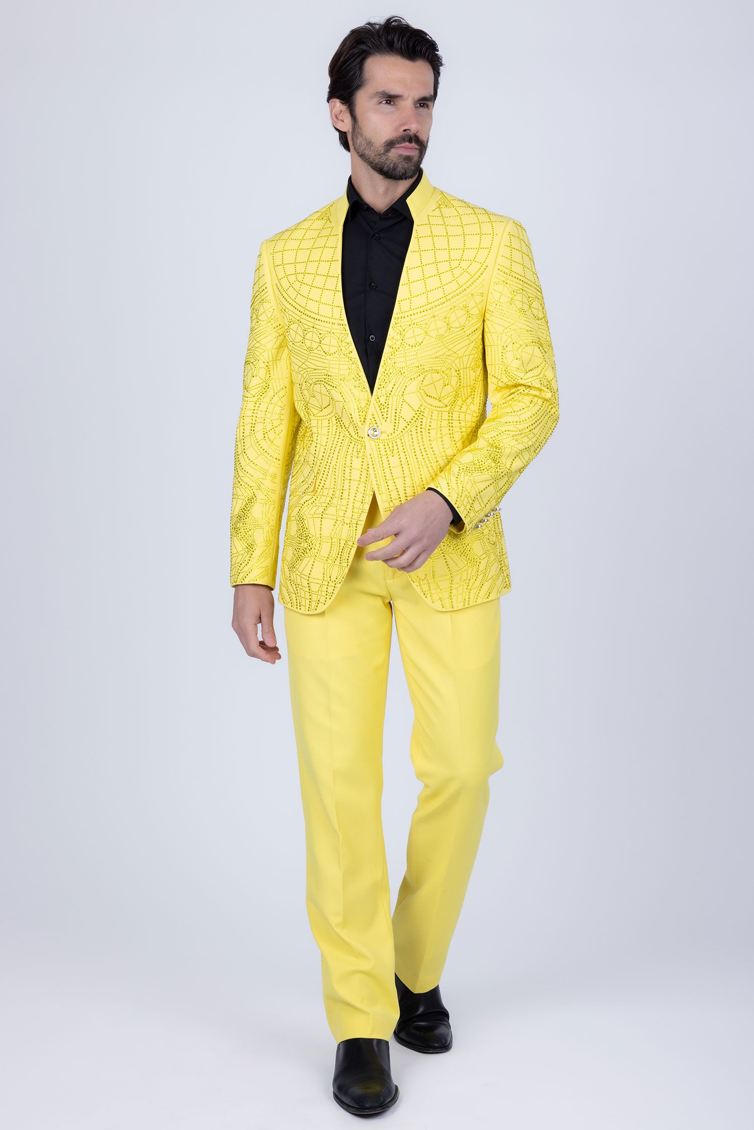 Barabas Men's Geometric Rhinestone Pattern Henley Lapel Suit 5SU14 Yellow