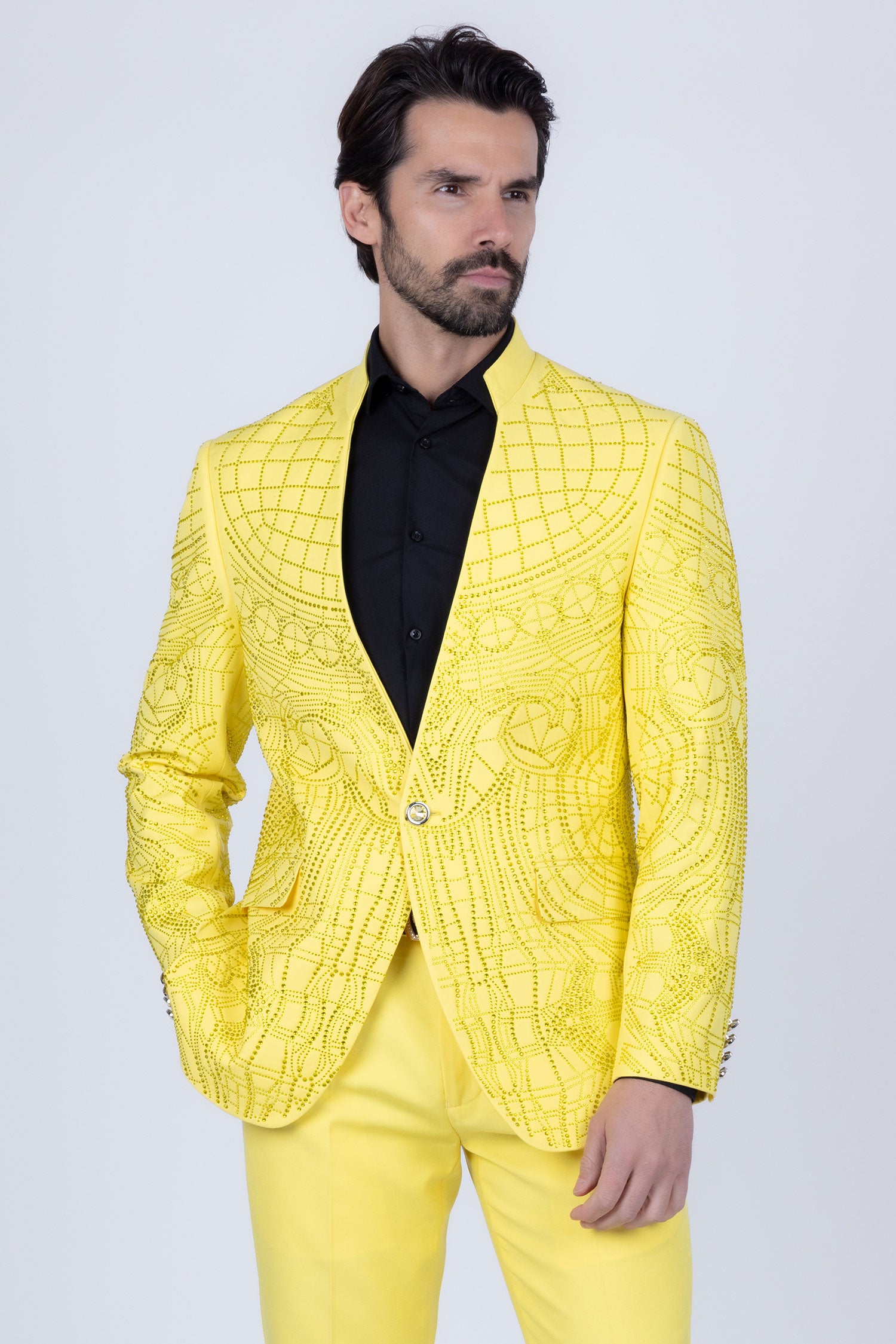 Barabas Men's Geometric Rhinestone Pattern Henley Lapel Suit 5SU14 Mustard