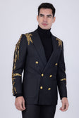 Barabas Men's Sequins Pattern Double-Breasted Peak Lapel Suit 5SU37 #Color_Black Gold
