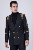Barabas Men's Sequins Pattern Double-Breasted Peak Lapel Suit 5SU37 #Color_Black Gold