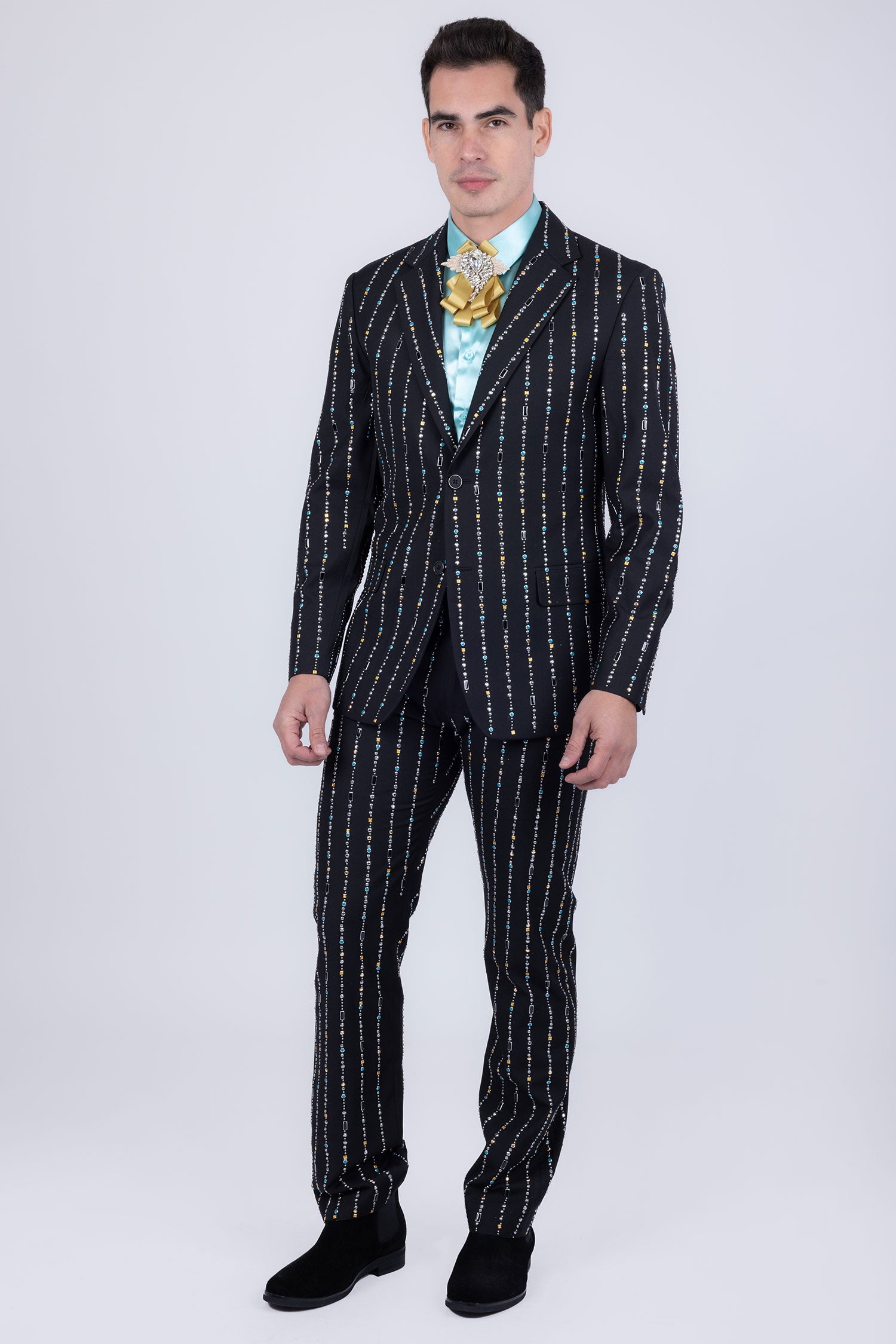 Barabas Men's Geometric Rhinestone Pattern Notch Lapel Suit 5SU38 Black