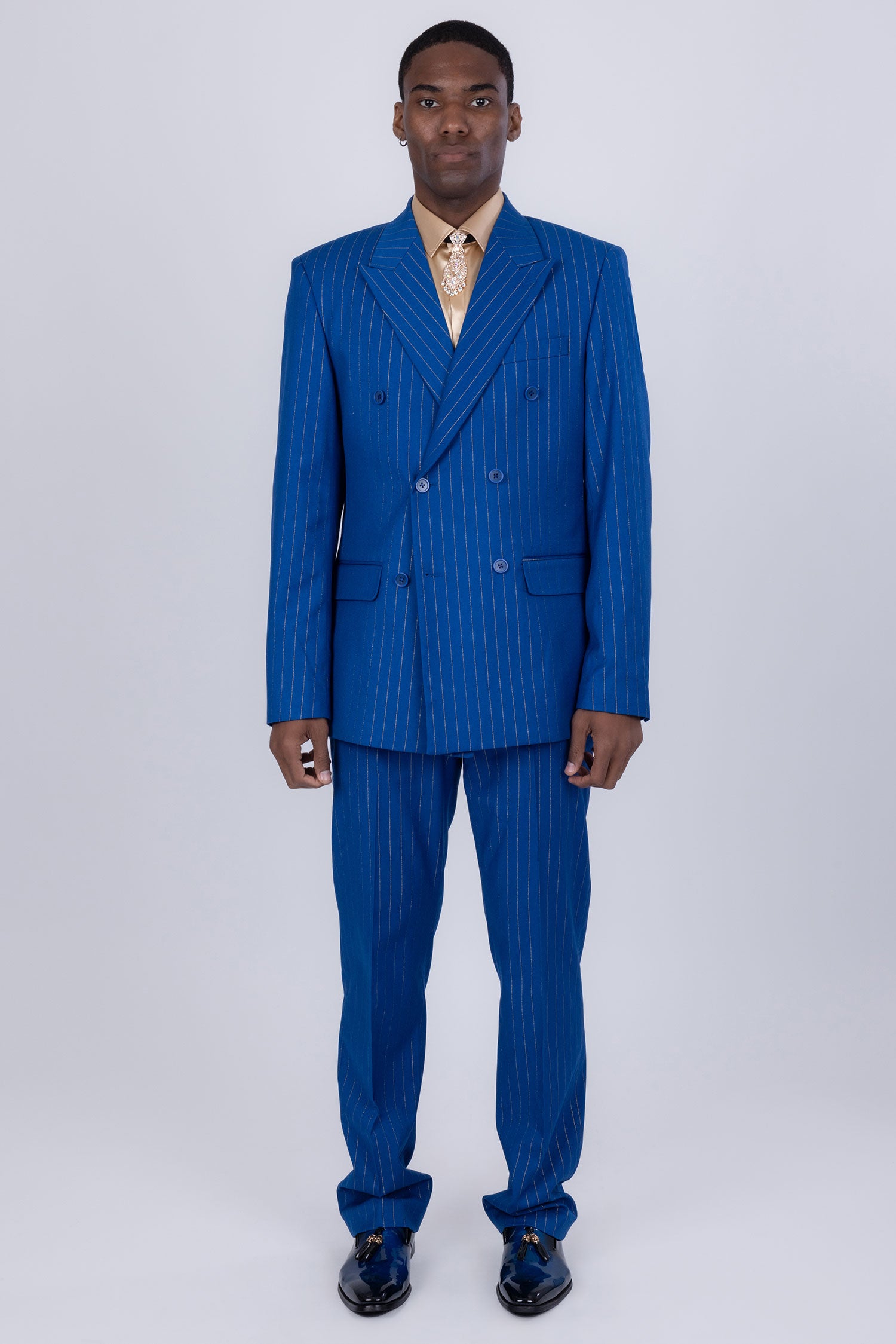 Barabas Men's Pinstripe Pattern Double-Breasted Peak Lapel Suit 5SU39 Blue