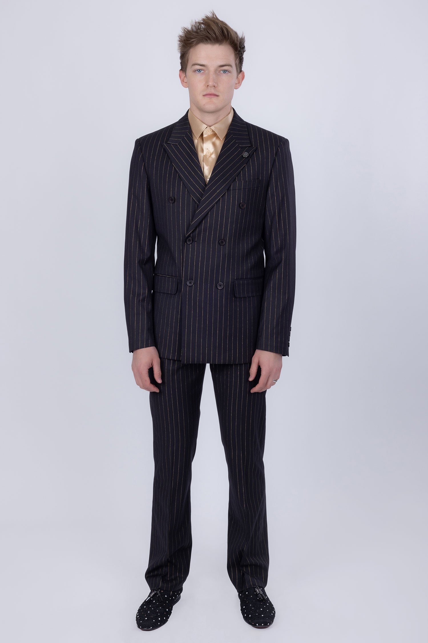 Barabas Men's Pinstripe Pattern Double-Breasted Peak Lapel Suit 5SU39 Black