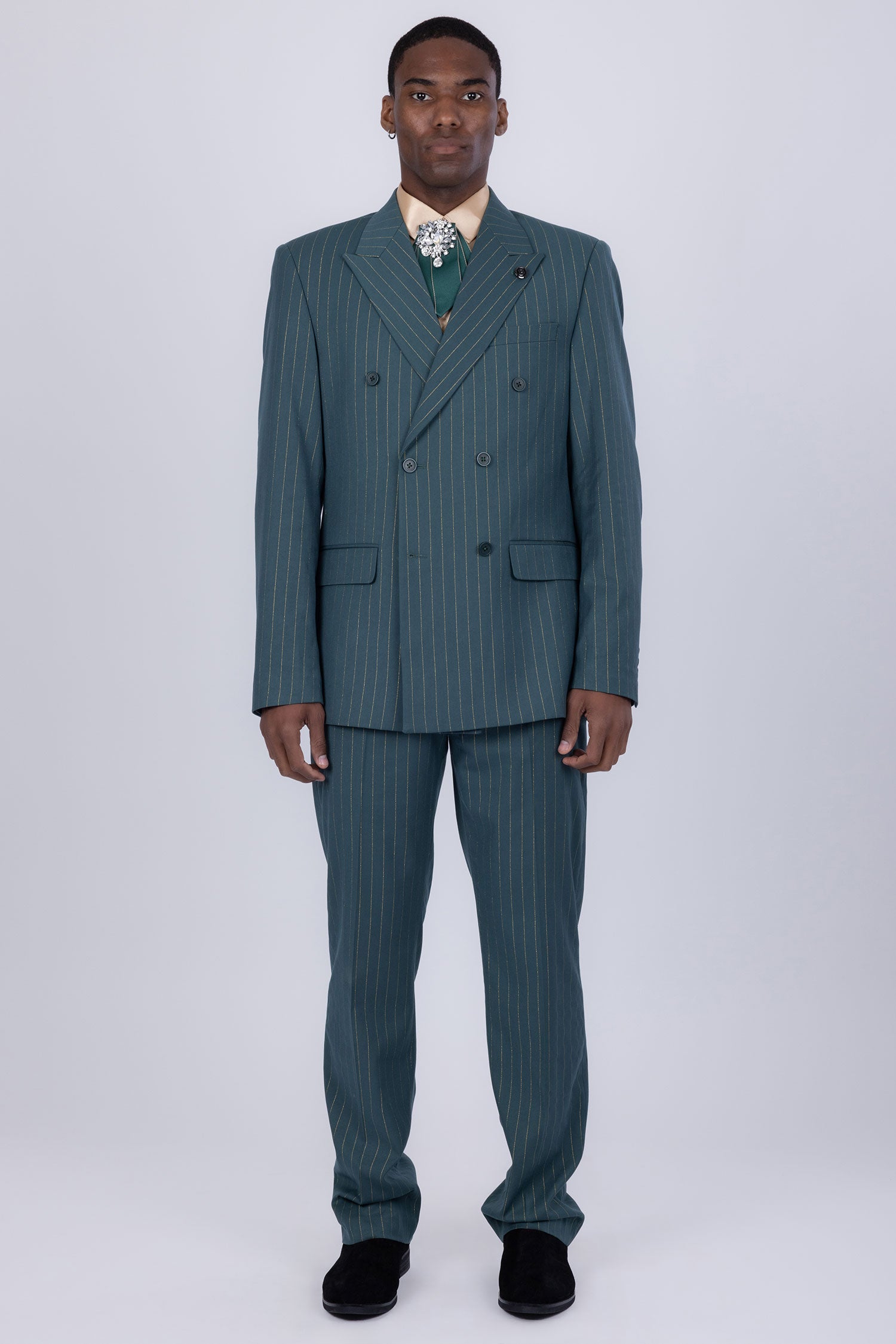 Barabas Men's Pinstripe Pattern Double-Breasted Peak Lapel Suit 5SU39 Hunter Green