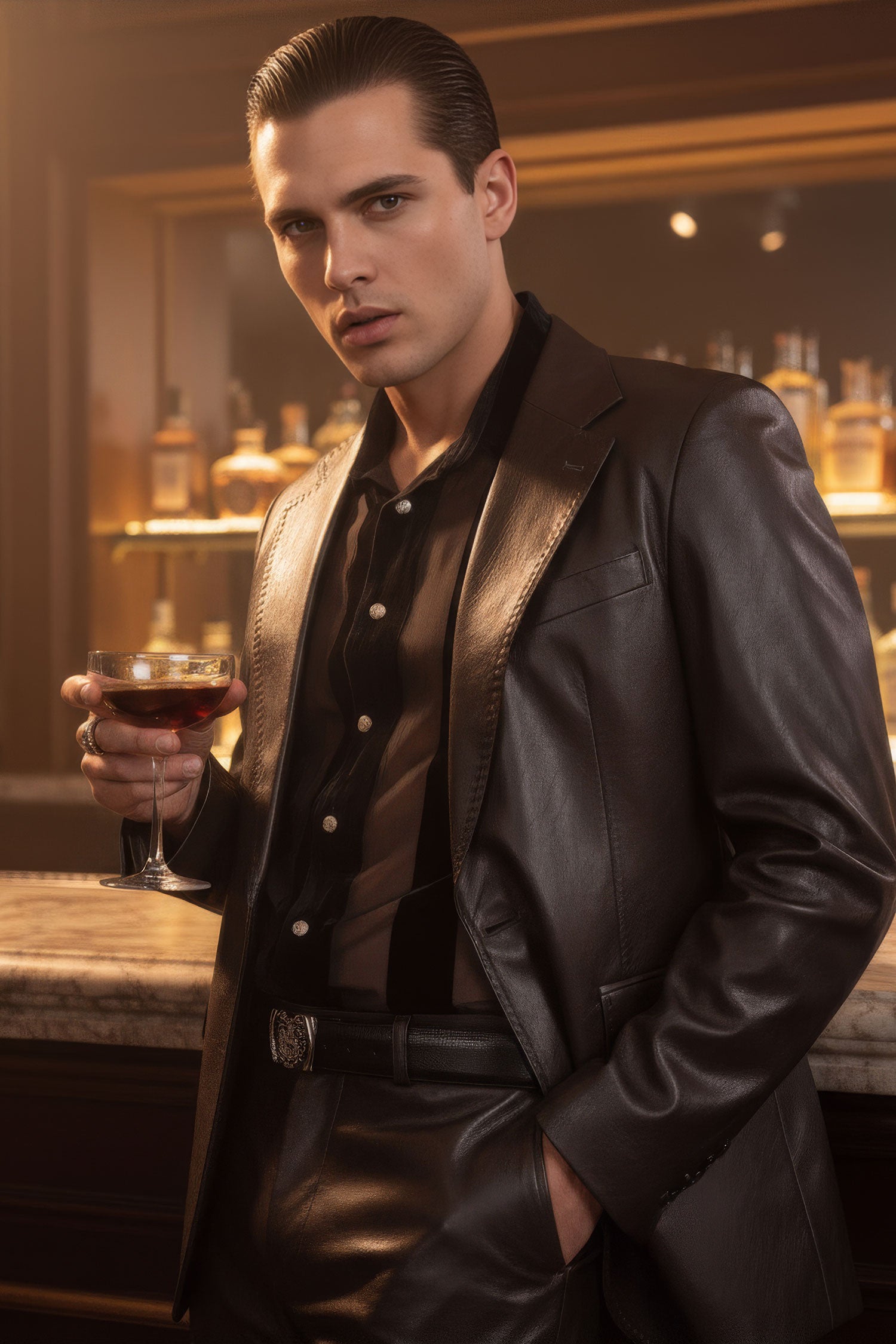 Barabas Men's Faux Leather Solid Color Notch Lapel Suit 5SU41 Coffee