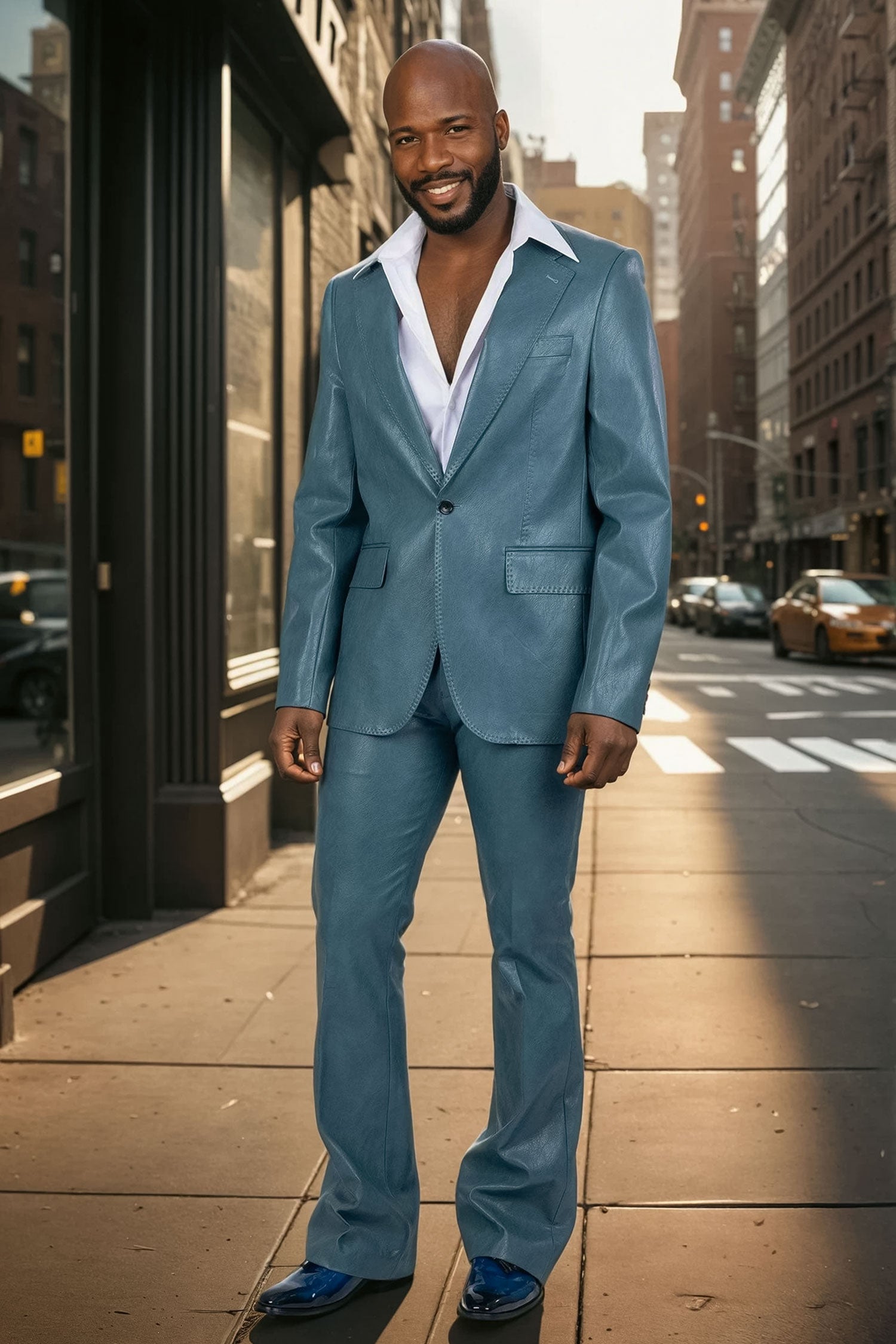 Barabas Men's Faux Leather Solid Color Notch Lapel Suit 5SU41 Teal