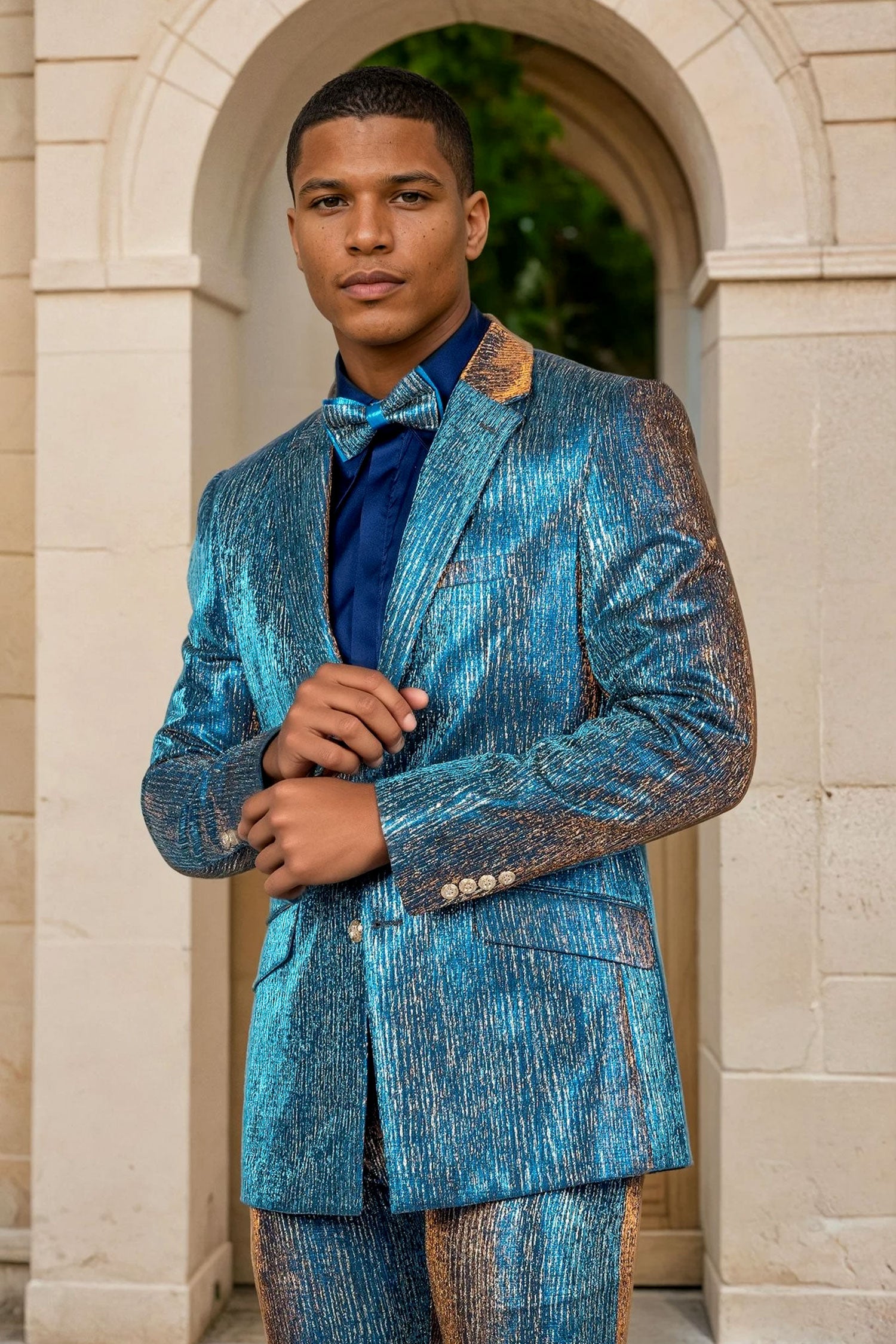 Barabas Men's Shiny Geometric Slim Fit Pattern Notch Lapel Suit 5SU42 Multi