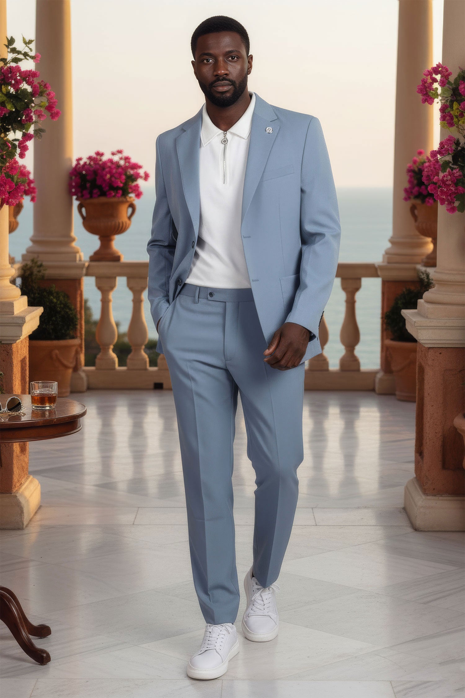 Barabas Men's Matte Geometric Slim Fit Pattern Notch Lapel Suit 5SU43 Light Blue