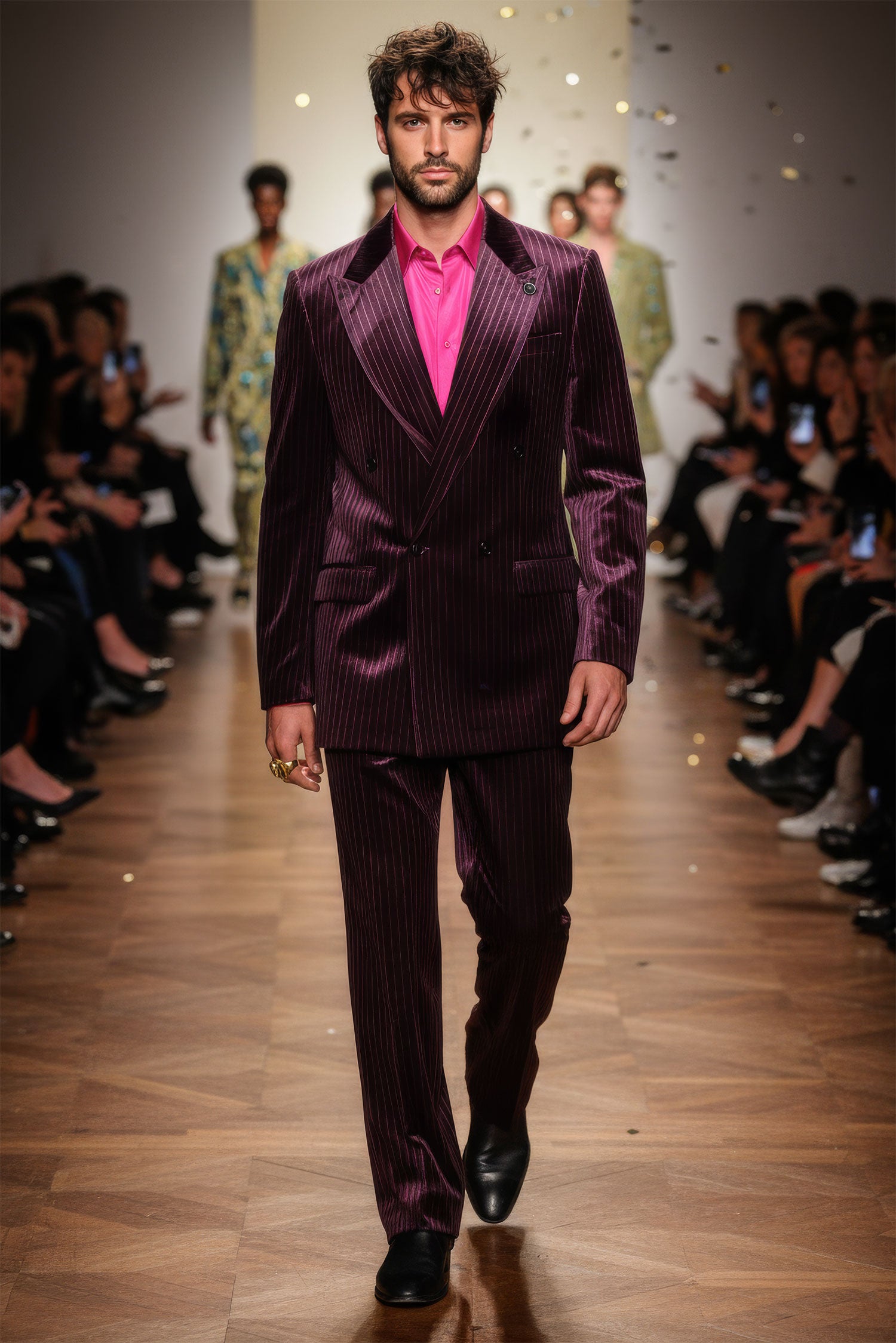 Barabas Men's Striped Double Breast Velvet Peak Lapel Suit 5SU52 wine