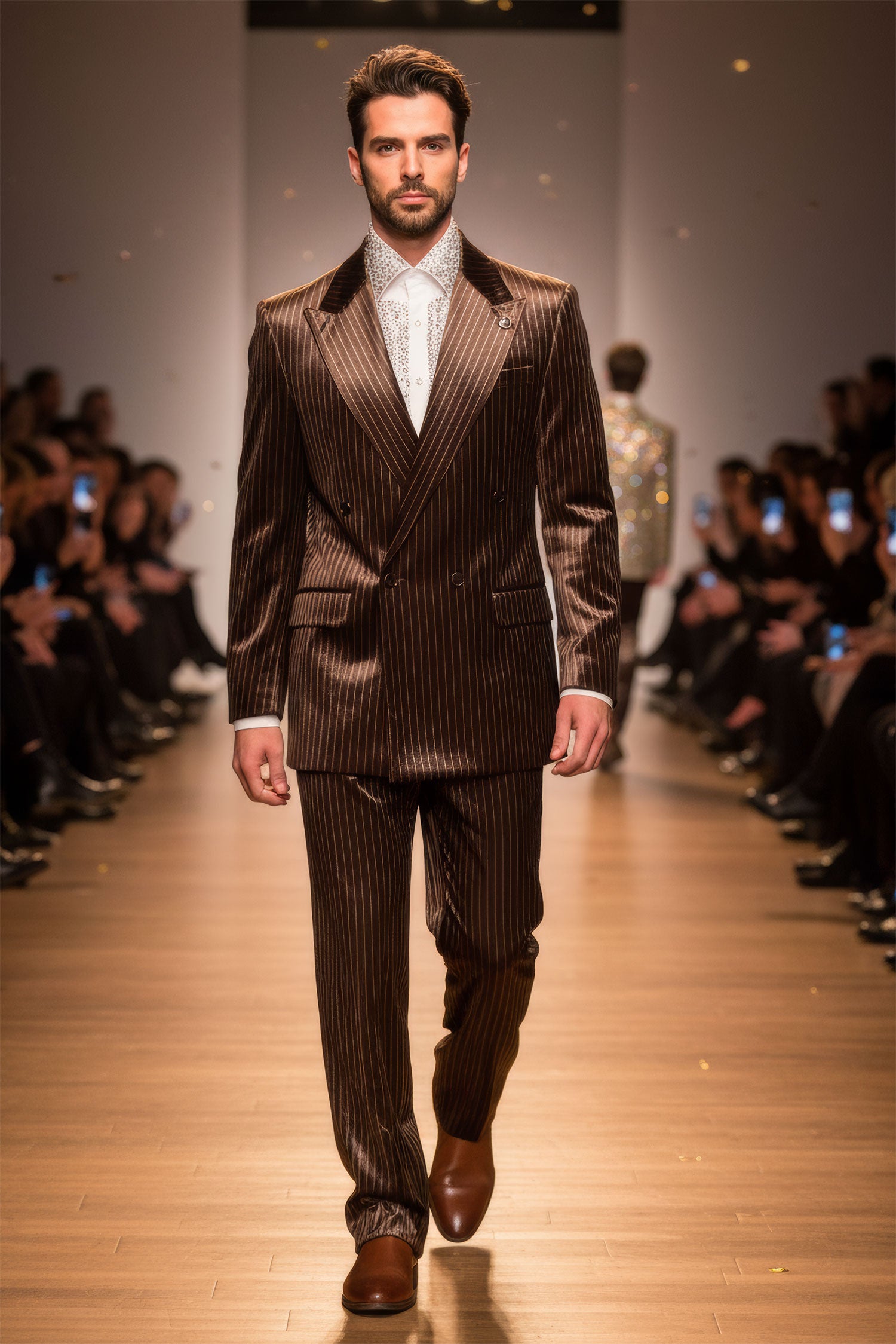 Barabas Men's Striped Double Breast Velvet Peak Lapel Suit 5SU52 Cofee