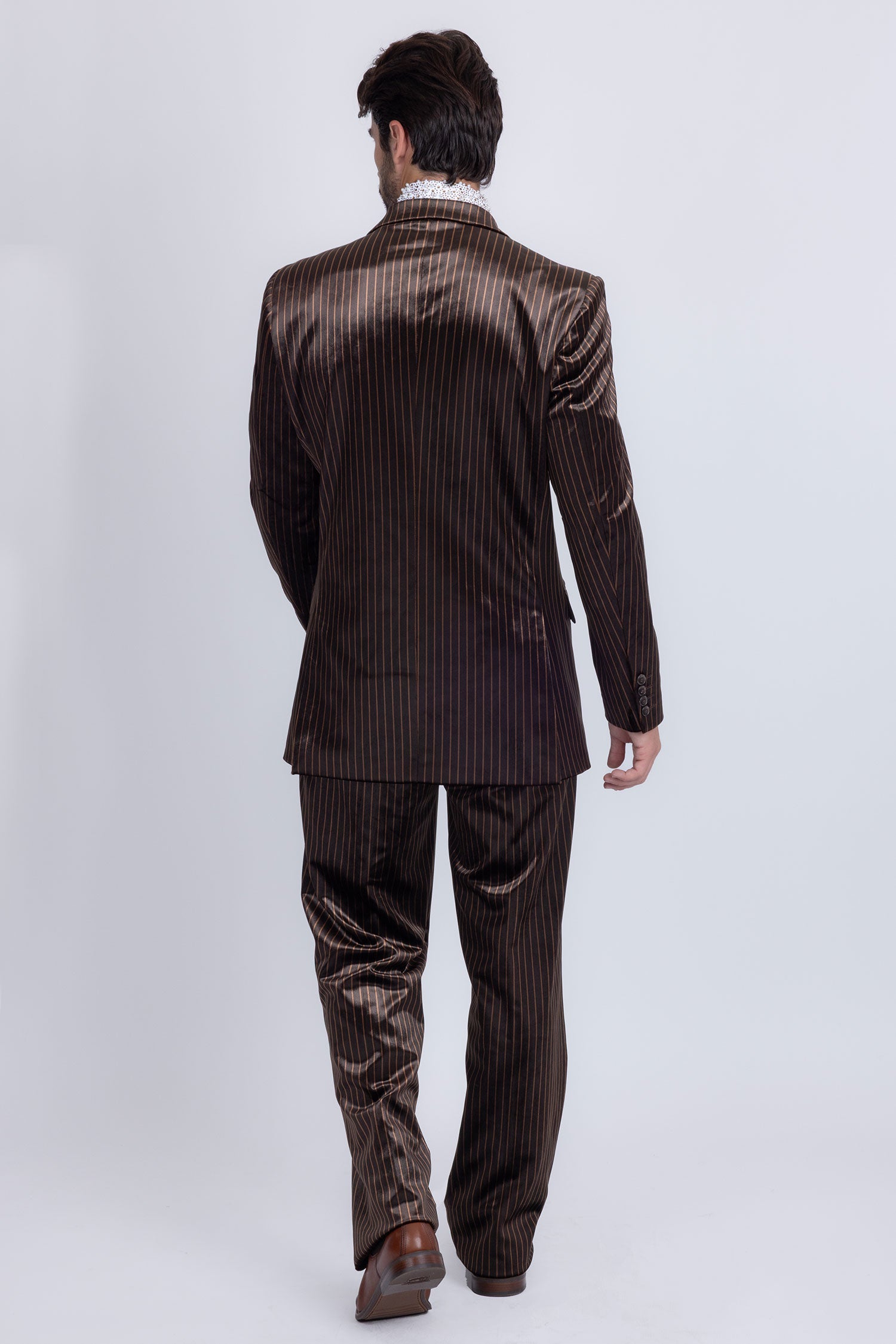 Barabas Men's Striped Double Breast Velvet Peak Lapel Suit 5SU52 Coffee