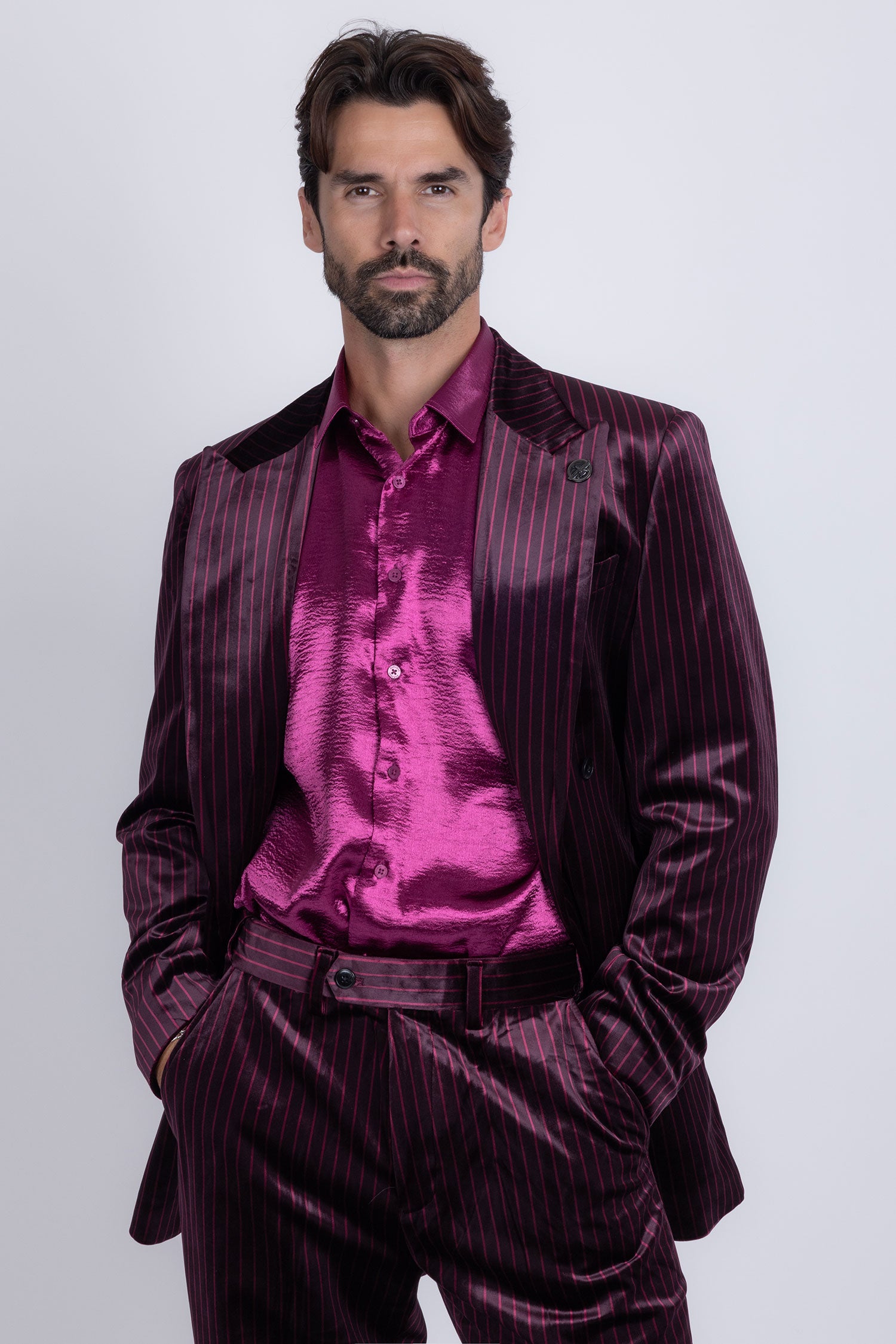 Barabas Men's Striped Double Breast Velvet Peak Lapel Suit 5SU52 wine